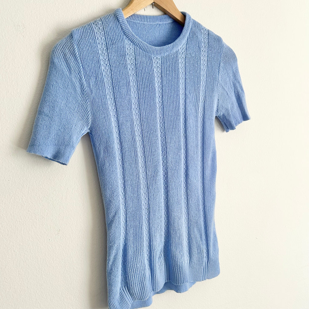 1970s Sky Blue Pointelle Ribbed Knit Top