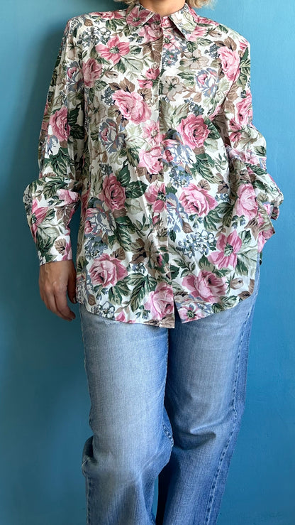 Vintage Floral Long Sleeve Shirt with Shoulder Pads