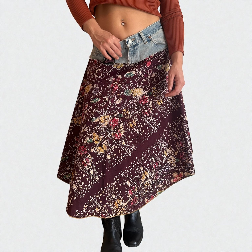 Vintage Y2K Denim & Batik Flare Skirt