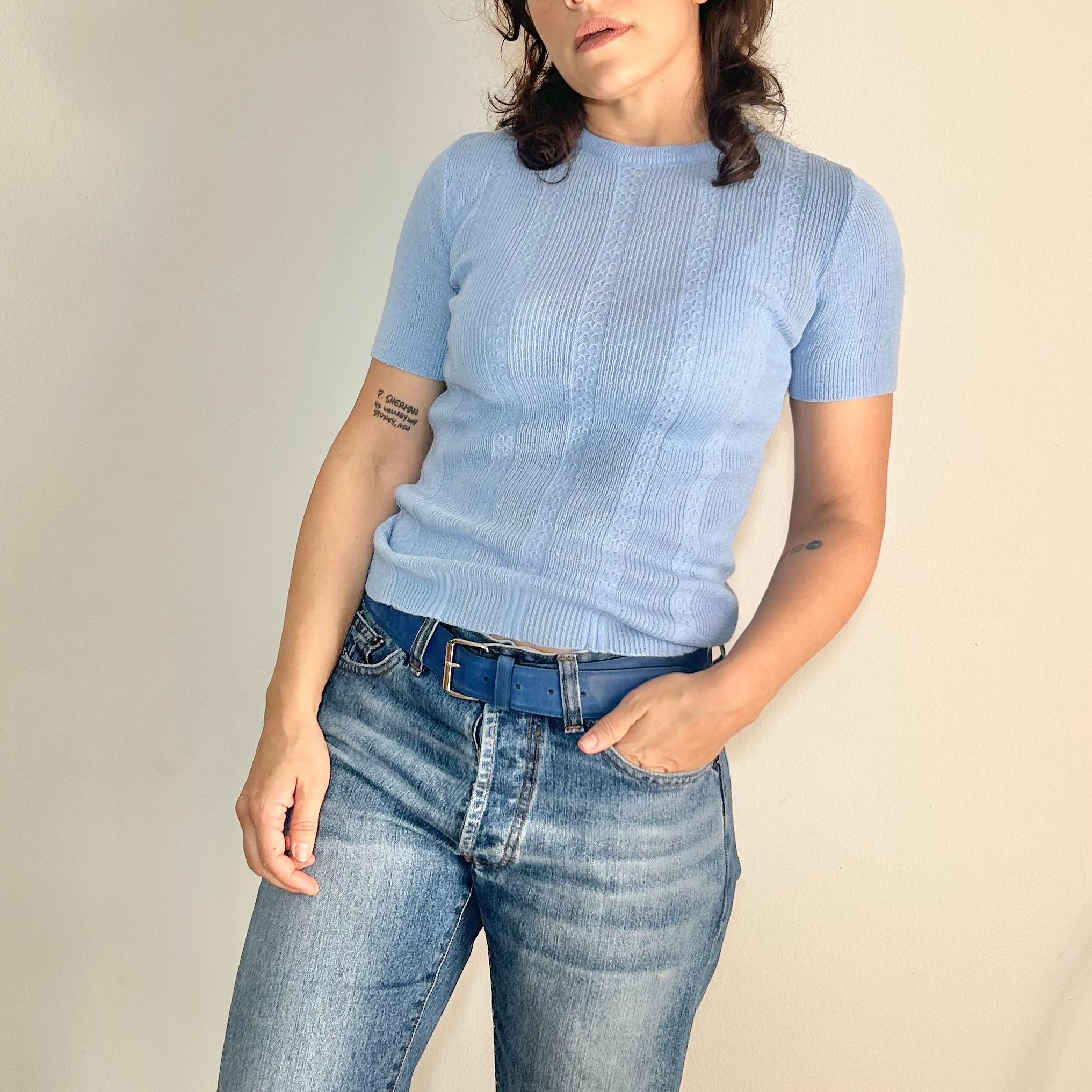 1970s Sky Blue Pointelle Ribbed Knit Top