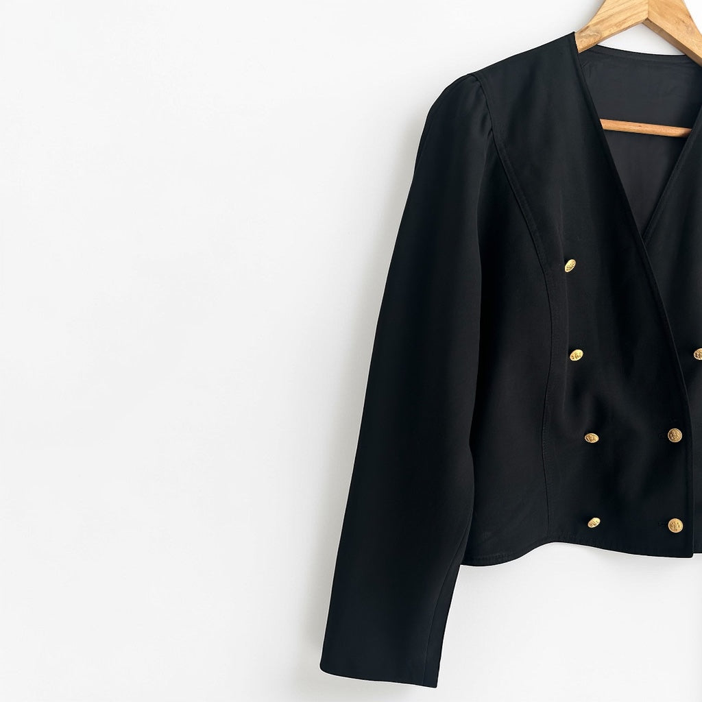 90s Cropped Black Blazer • Double-Breasted Gold Buttons