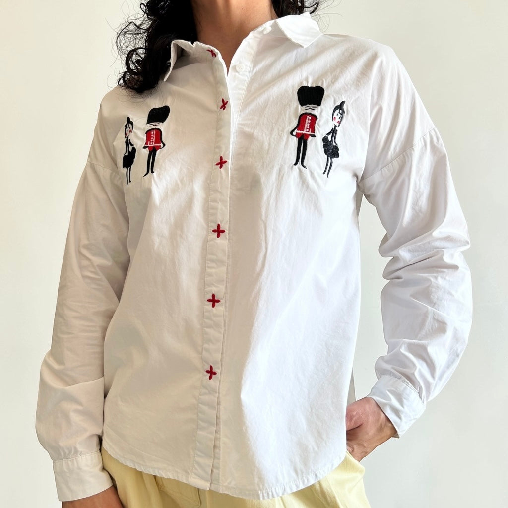 Whimsical Embroidered White Shirt • London Guard & Character Motifs
