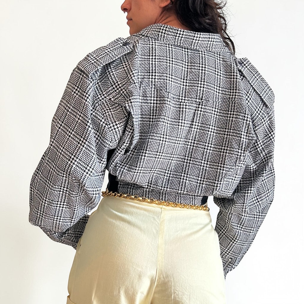 80s Houndstooth Plaid Moto Jacket • Padded Shoulders • Belted Waist