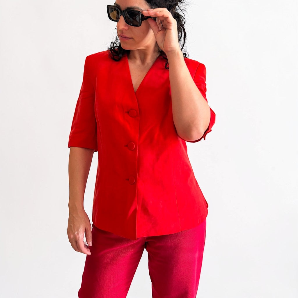 Vintage Structured Red Blazer • Short Sleeve • Vibrant Scarlet