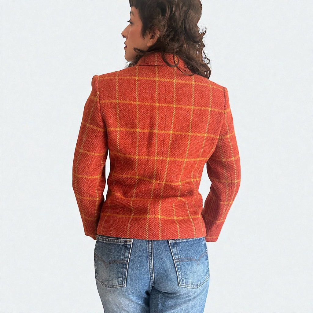 Cyrillus Paris 100% Virgin Wool Orange Plaid Jacket