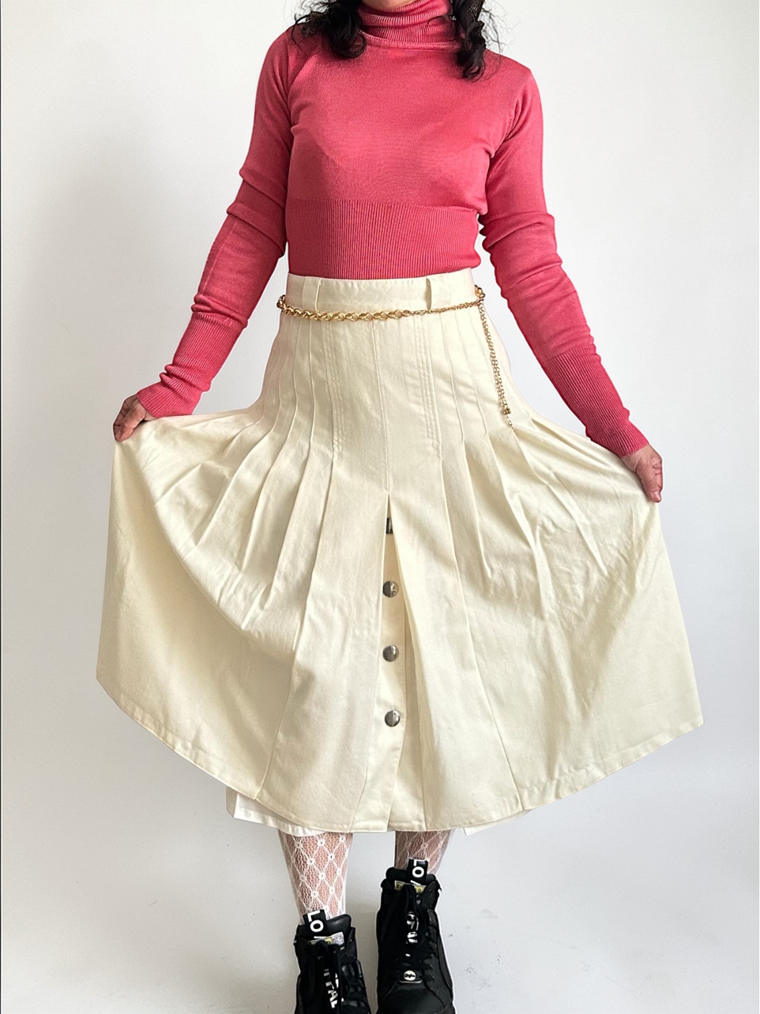 90s Tailored Virgin Wool Pleated Midi Skirt
