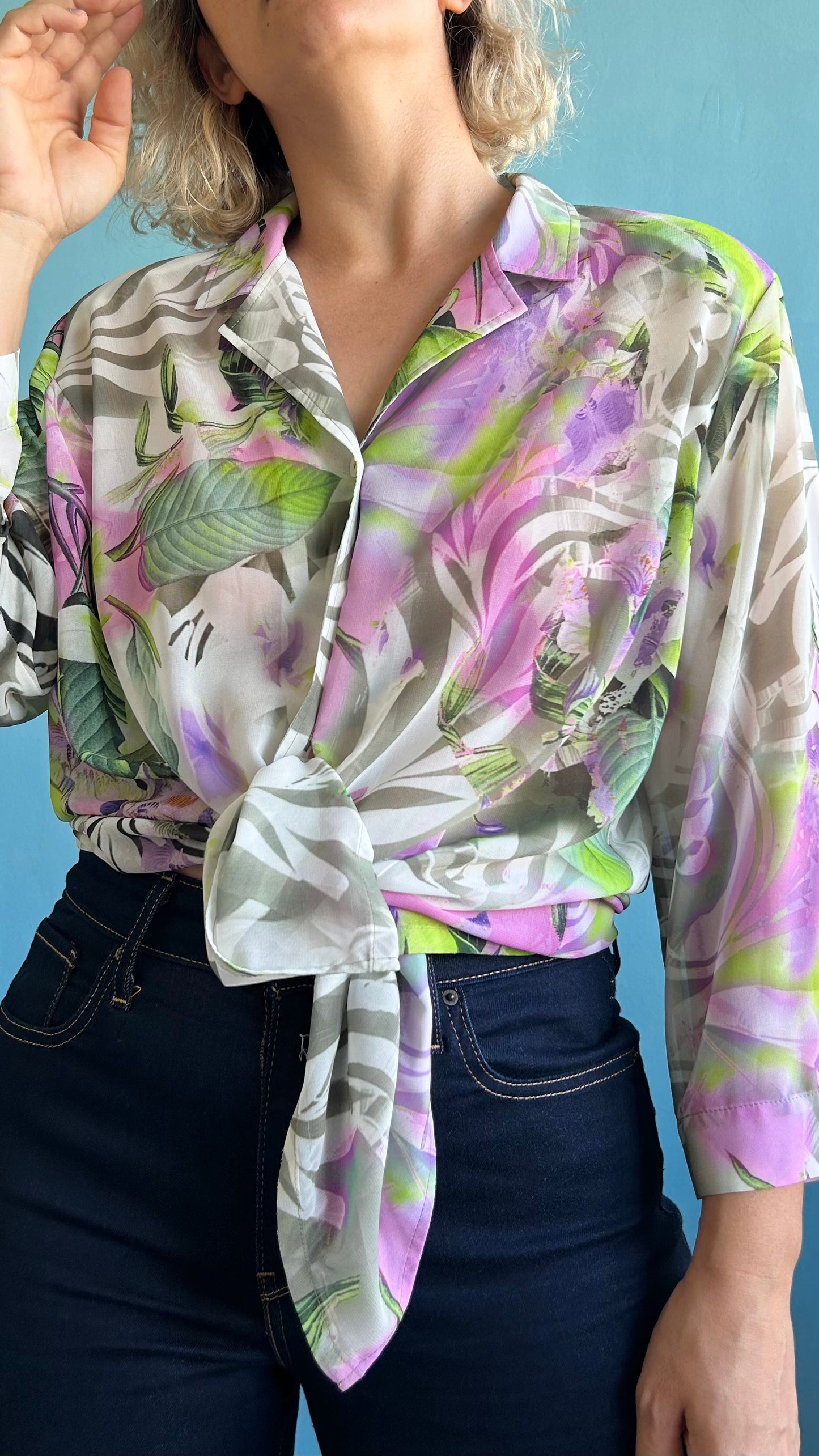 Vintage See Through Floral Blouse with Shoulder Pads