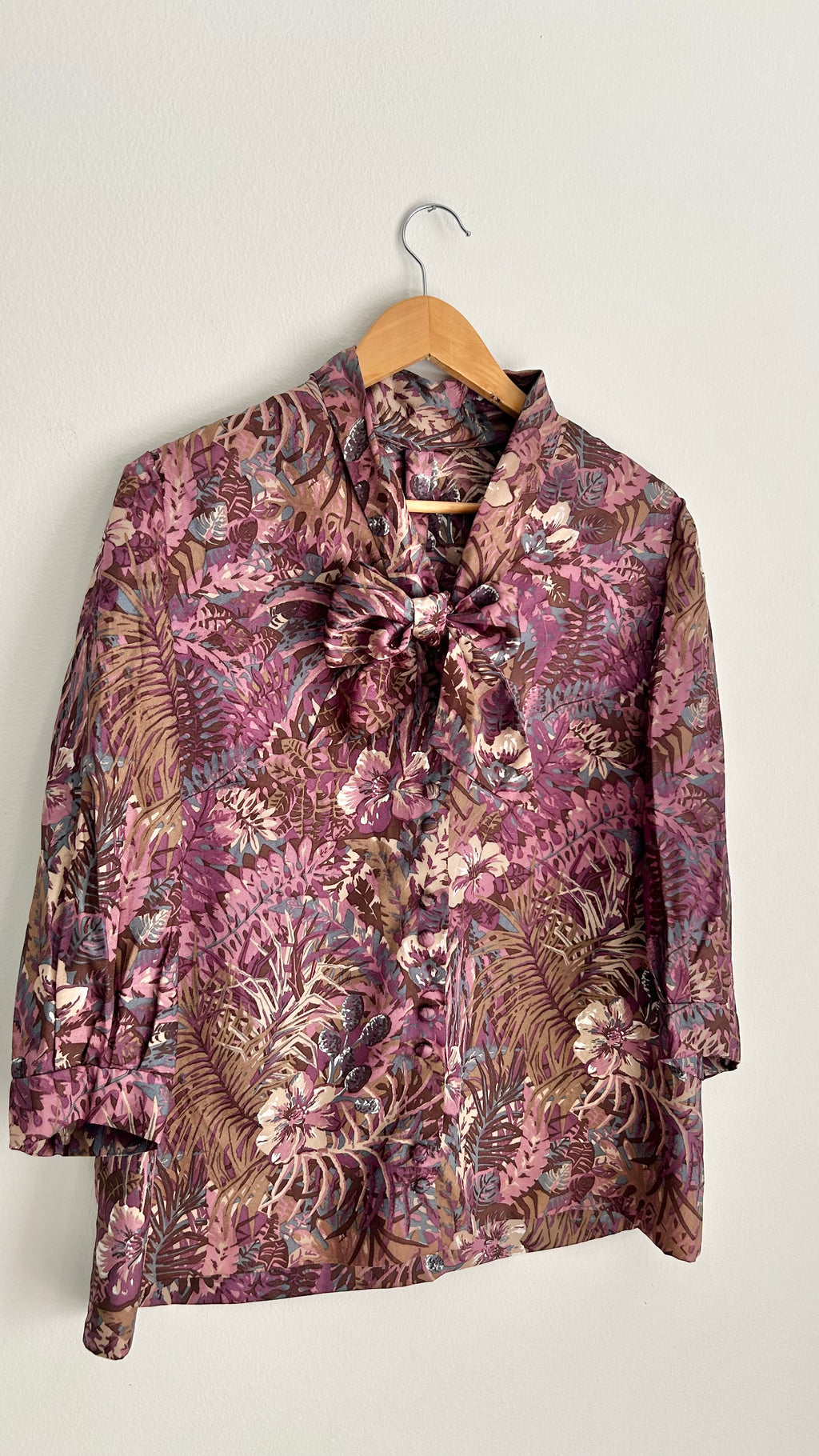 Handmade Long-Sleeve Double-Button Blouse with Neck Tie – Dark Purple Floral