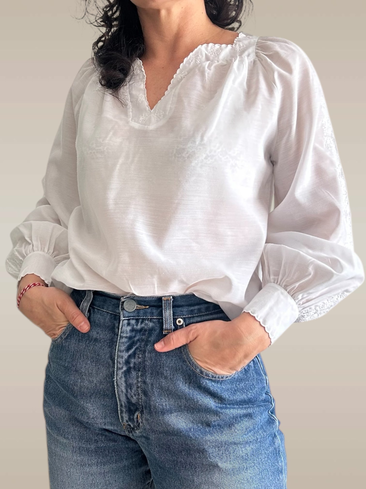 70s White Boho Peasant Blouse • Embroidered Sleeves