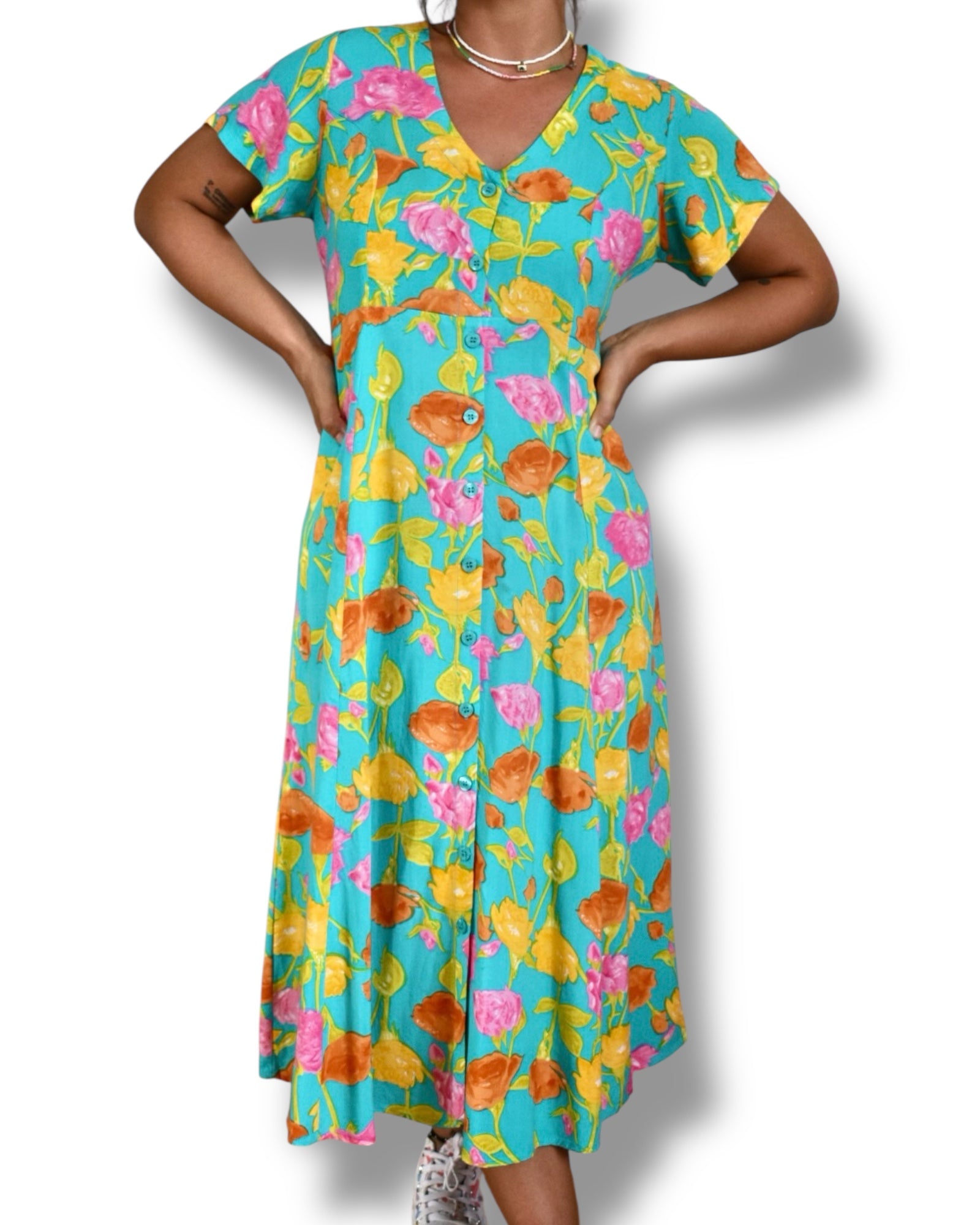 Vintage Midi Dress – Turquoise with Floral Print