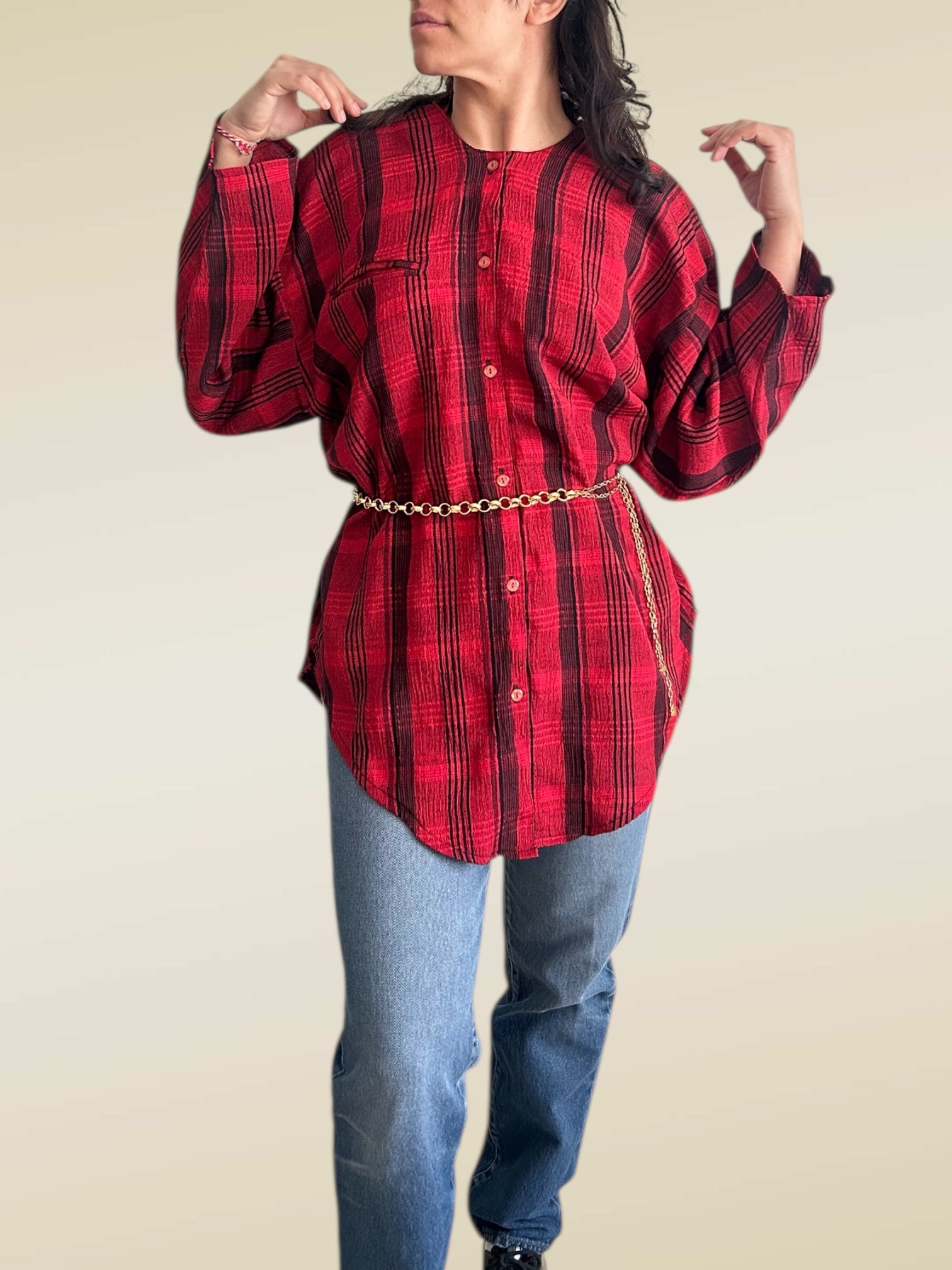 Vintage Red & Black Plaid Band Collar Blouse