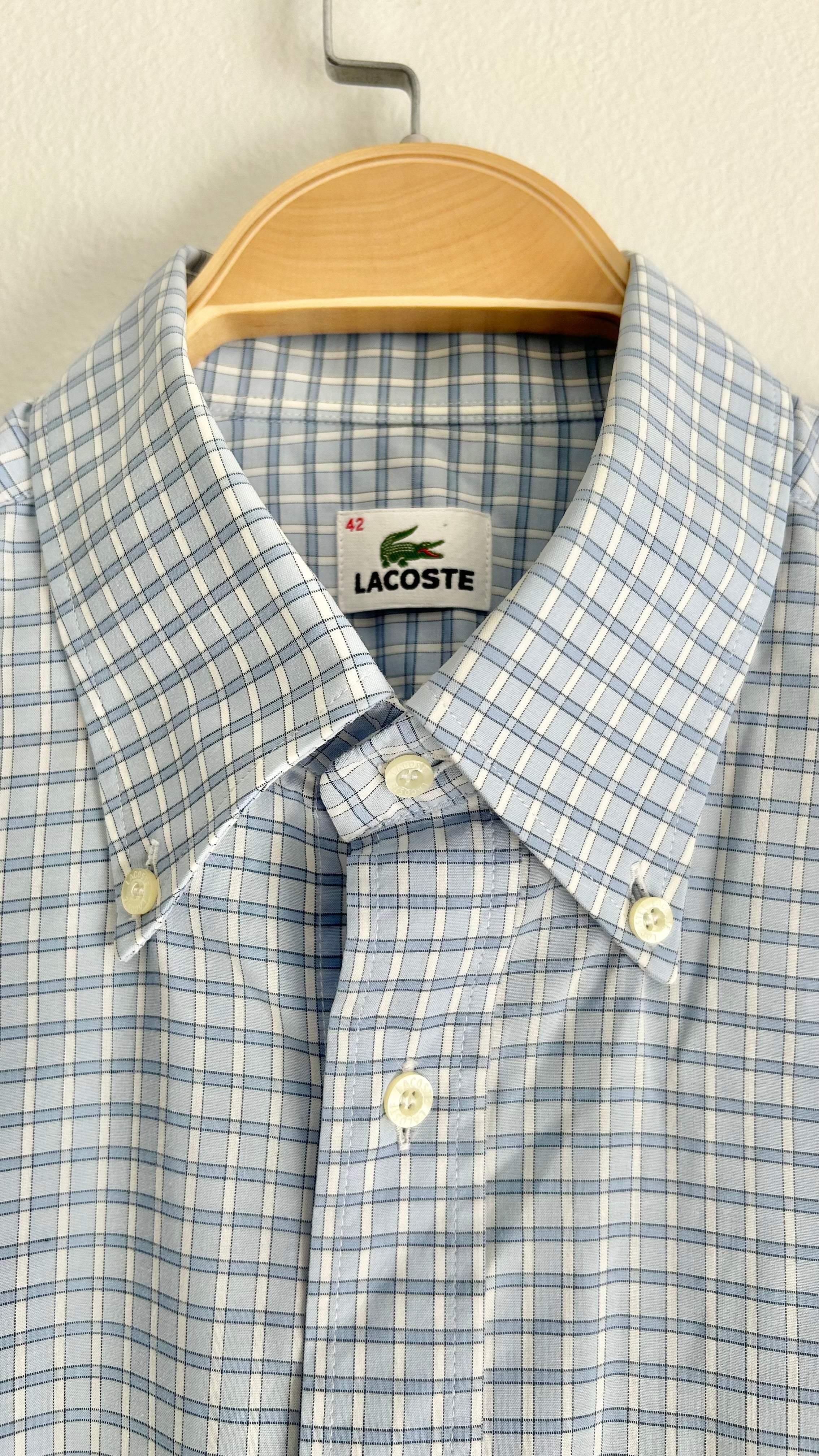 Vintage Lacoste Checked Shirt – Light Blue, 100% Cotton, Size 42