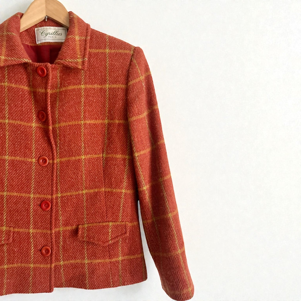 Cyrillus Paris 100% Virgin Wool Orange Plaid Jacket