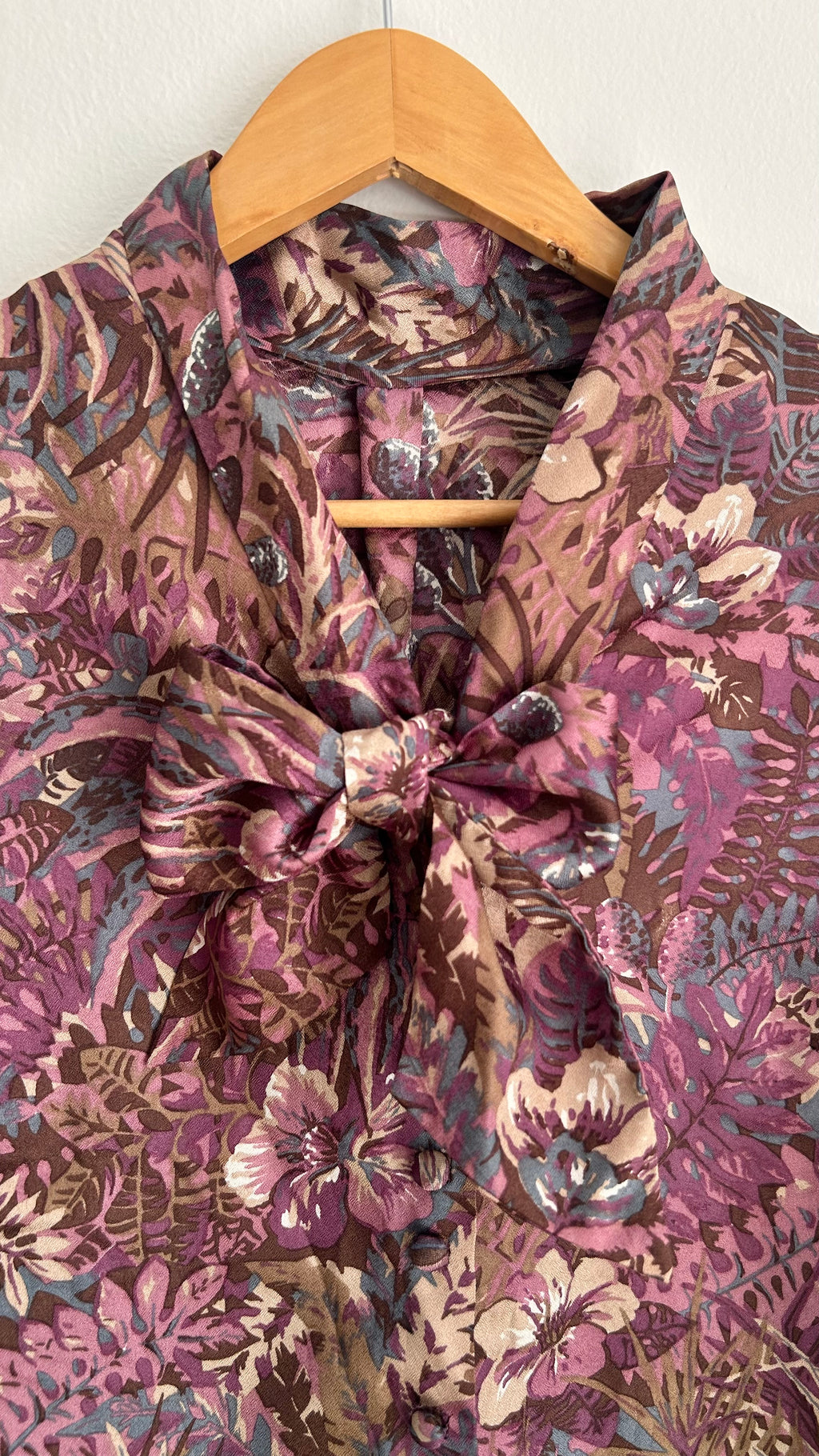 Handmade Long-Sleeve Double-Button Blouse with Neck Tie – Dark Purple Floral