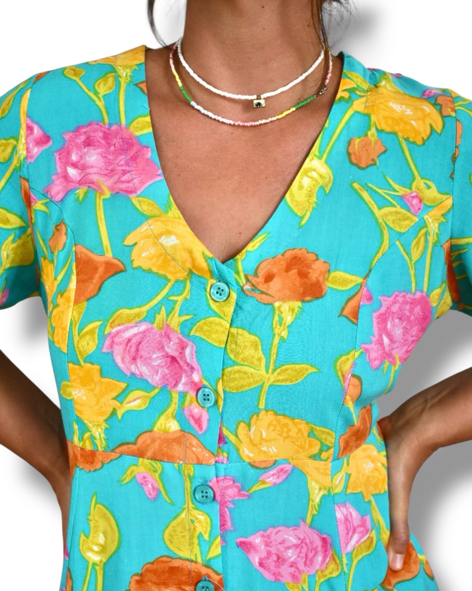 Vintage Midi Dress – Turquoise with Floral Print