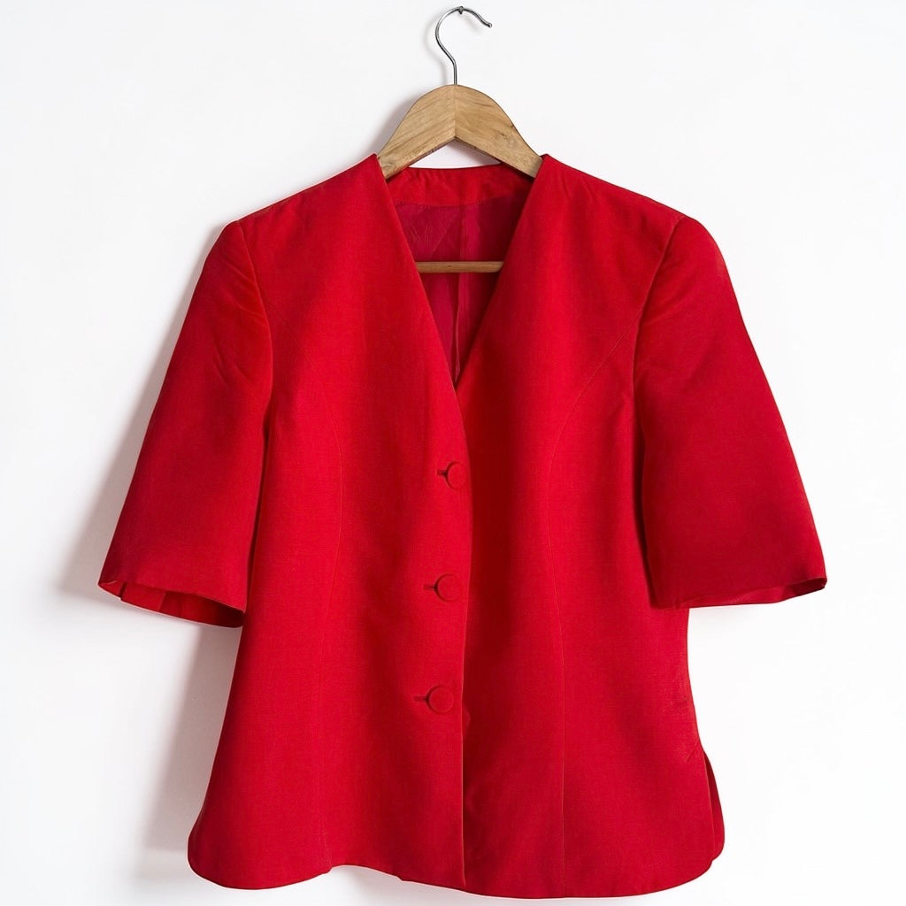 Vintage Structured Red Blazer • Short Sleeve • Vibrant Scarlet