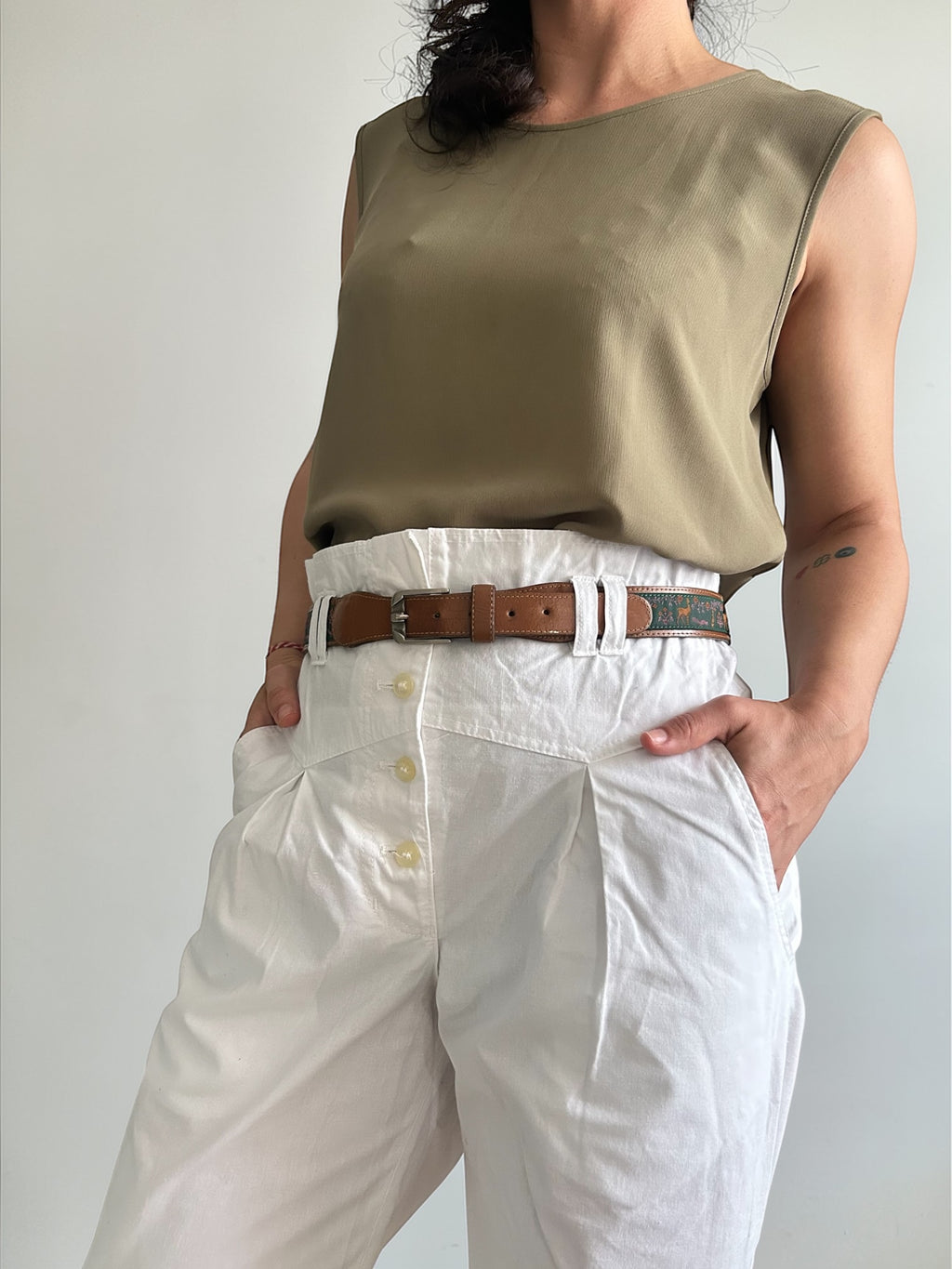 Vintage High-Waisted White Cotton Trousers