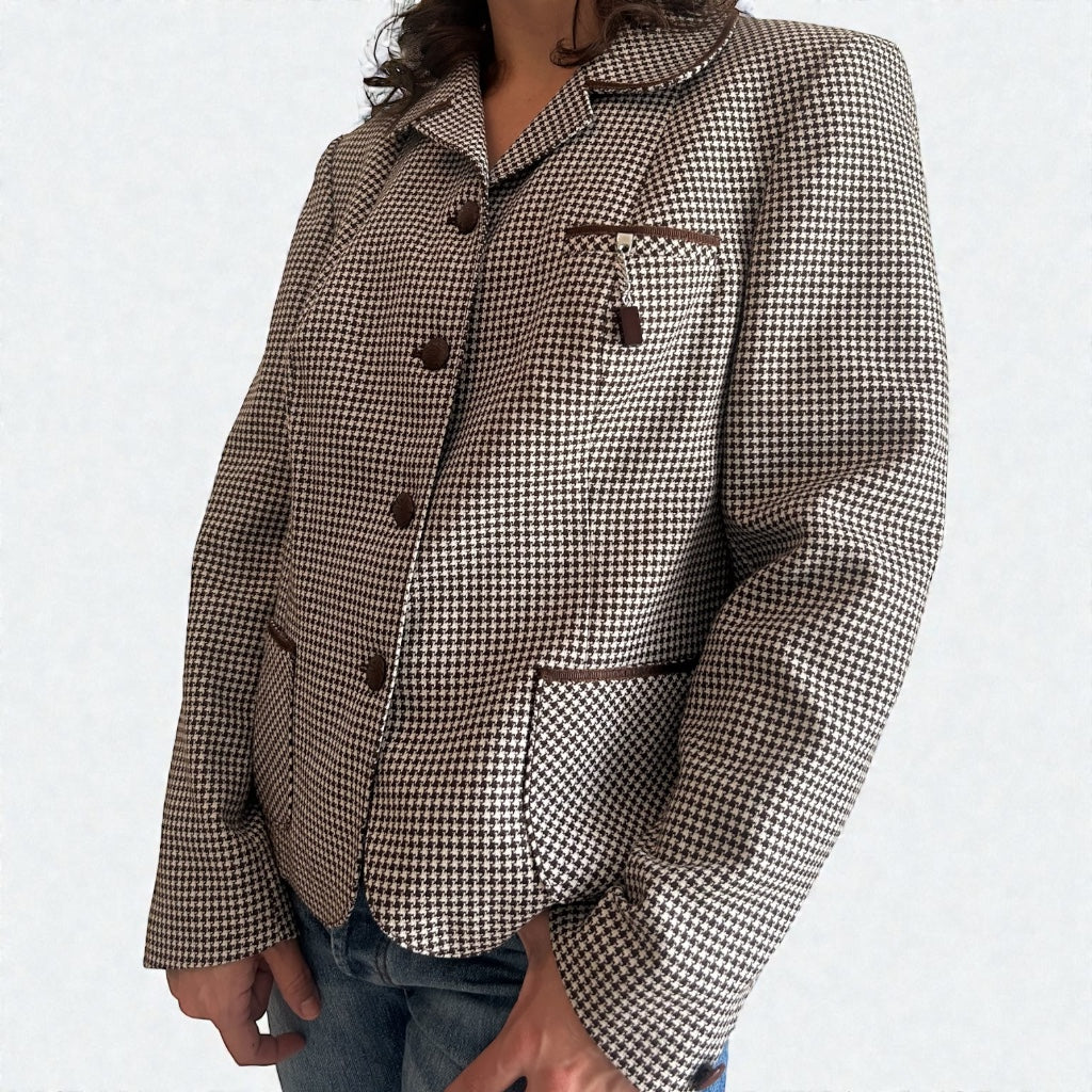 Vintage Houndstooth Virgin Wool Blend Blazer - Brown & Cream
