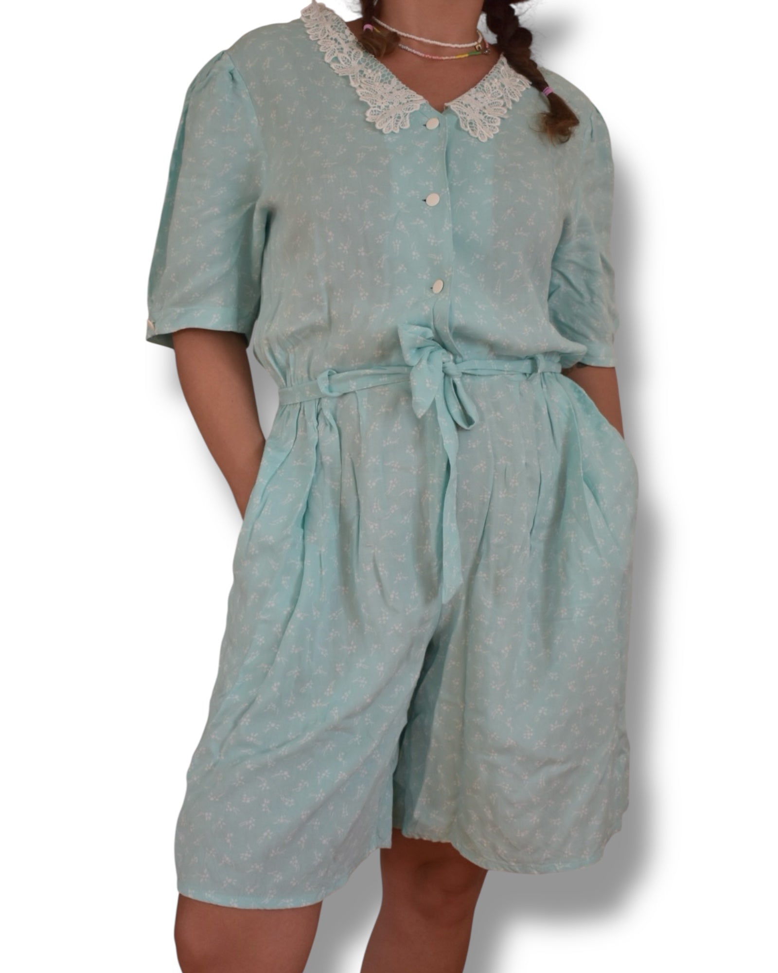 Vintage Aqua Green Viscose Jumpsuit with Lace Collar and Tiny White Floral Print