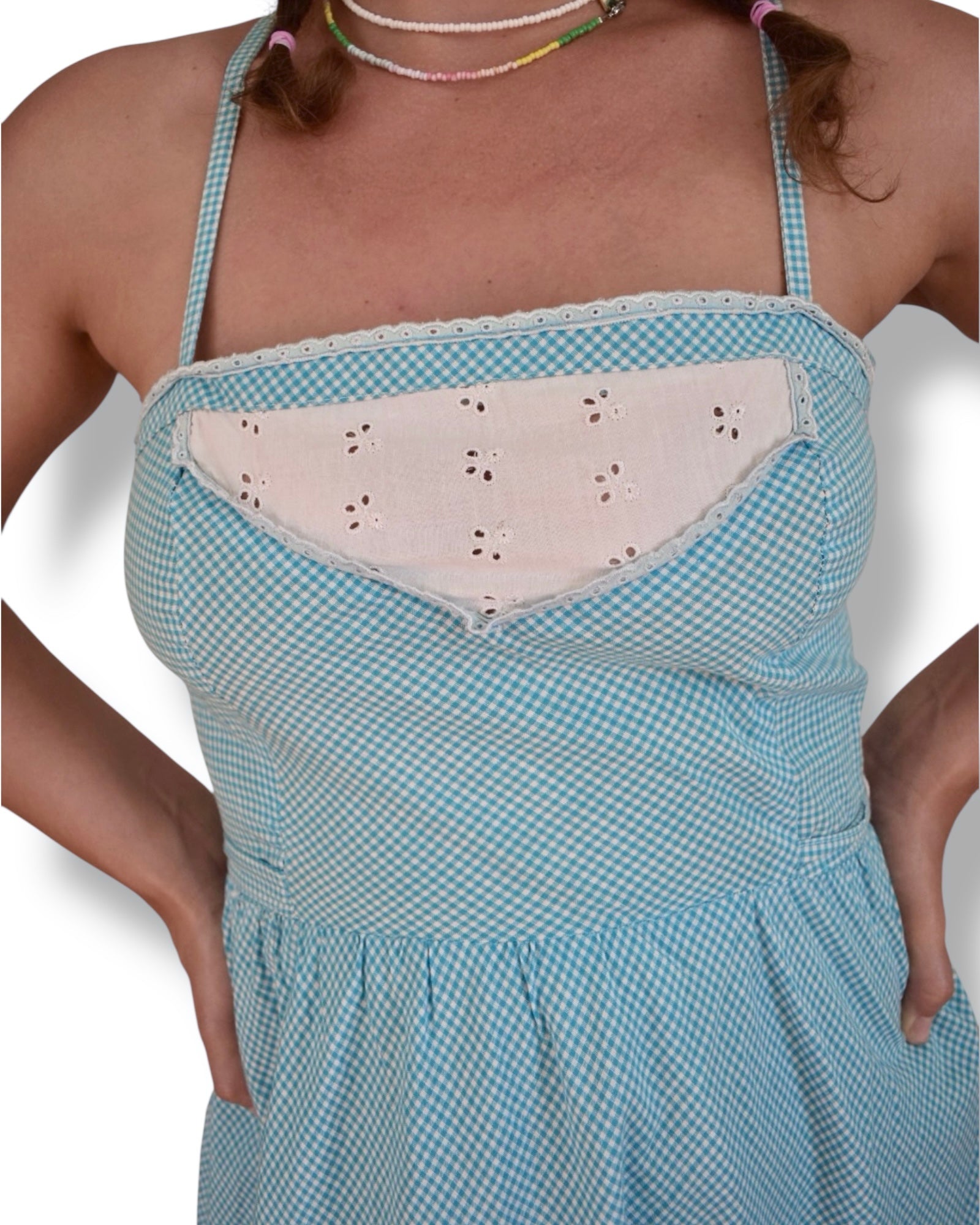 Vintage Blue Gingham Cotton Dress with Eyelet Trim