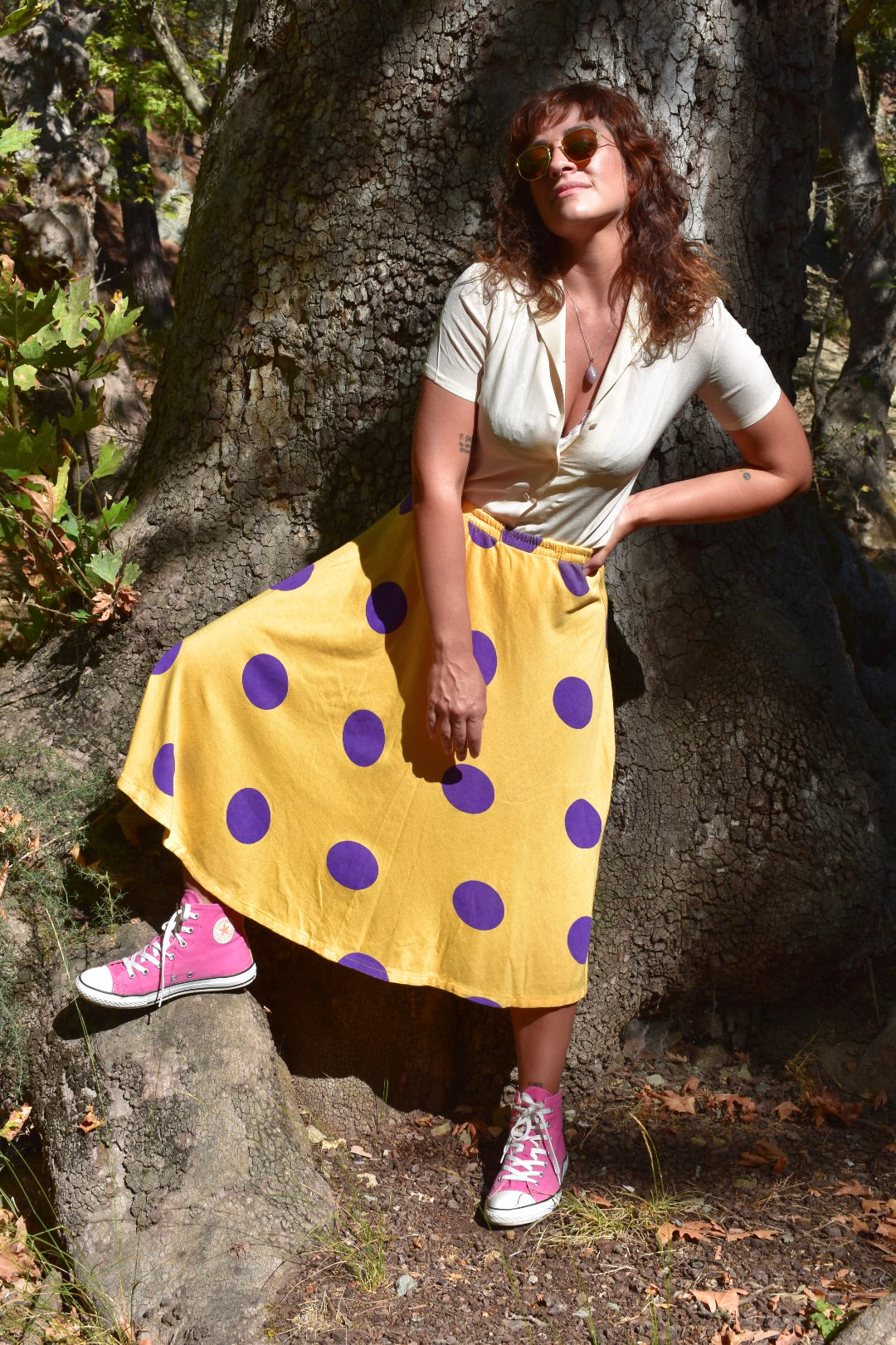 Vintage Yellow Circle Skirt with Purple Polka Dots – 90s