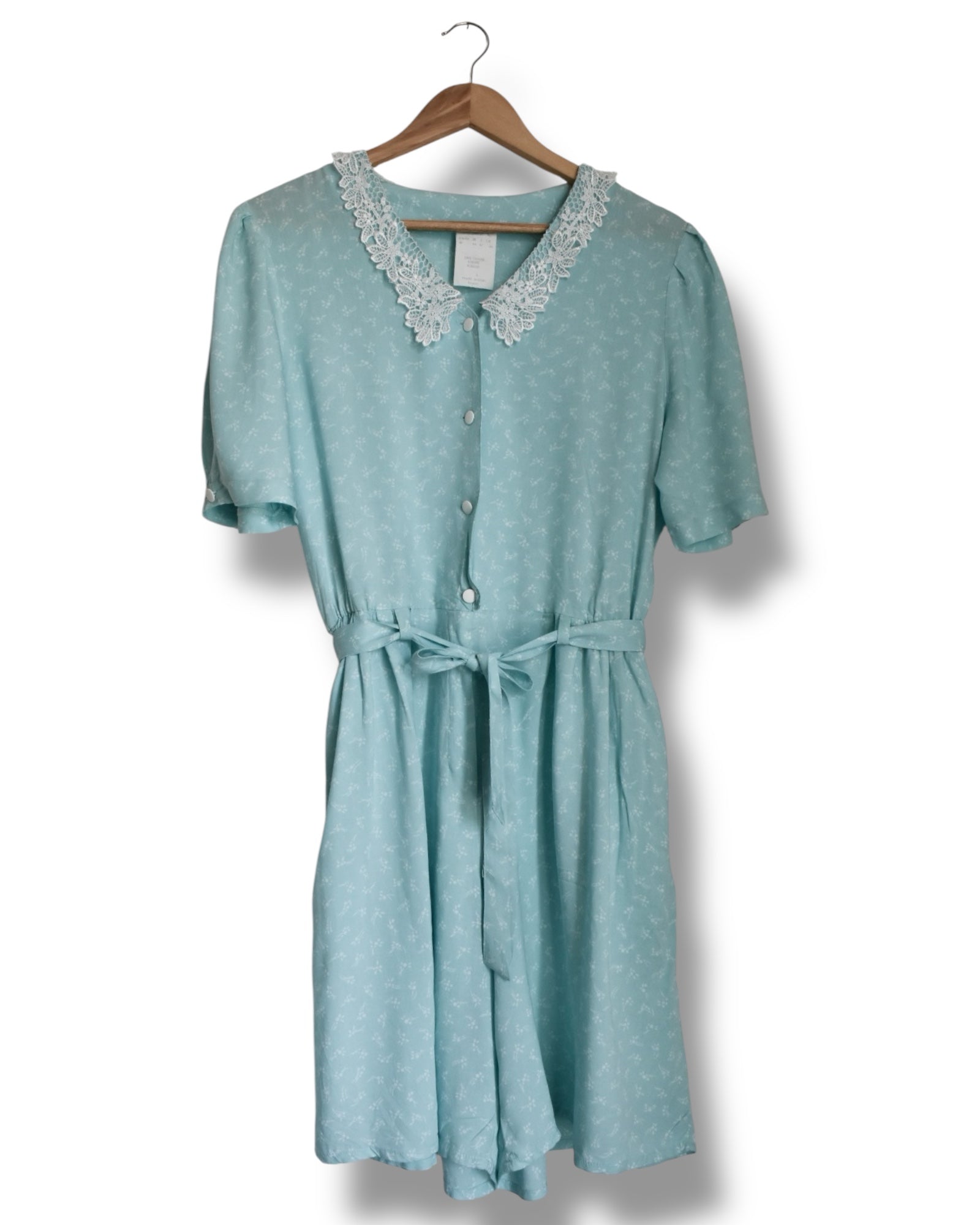 Vintage Aqua Green Viscose Jumpsuit with Lace Collar and Tiny White Floral Print