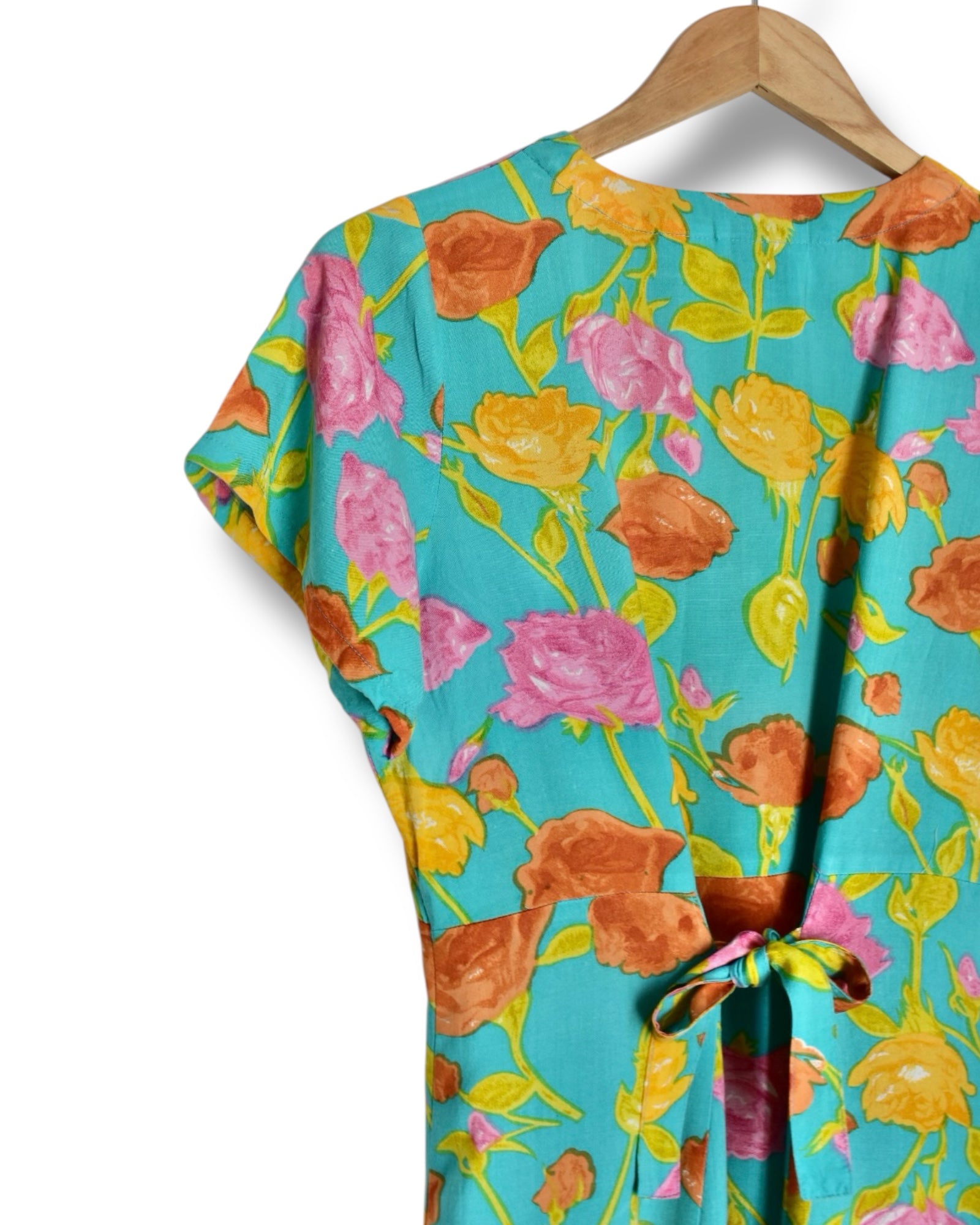 Vintage Midi Dress – Turquoise with Floral Print