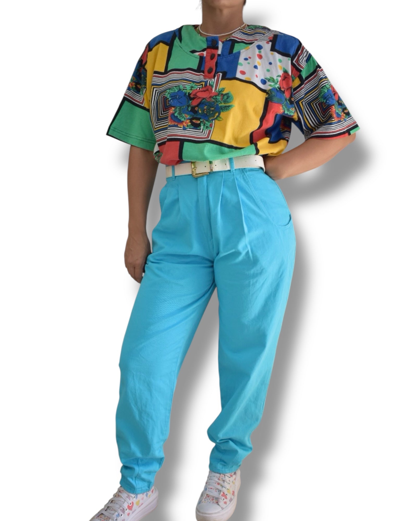 Vintage T-Shirt – Color Block & Pattern Mix with Shoulder Pads