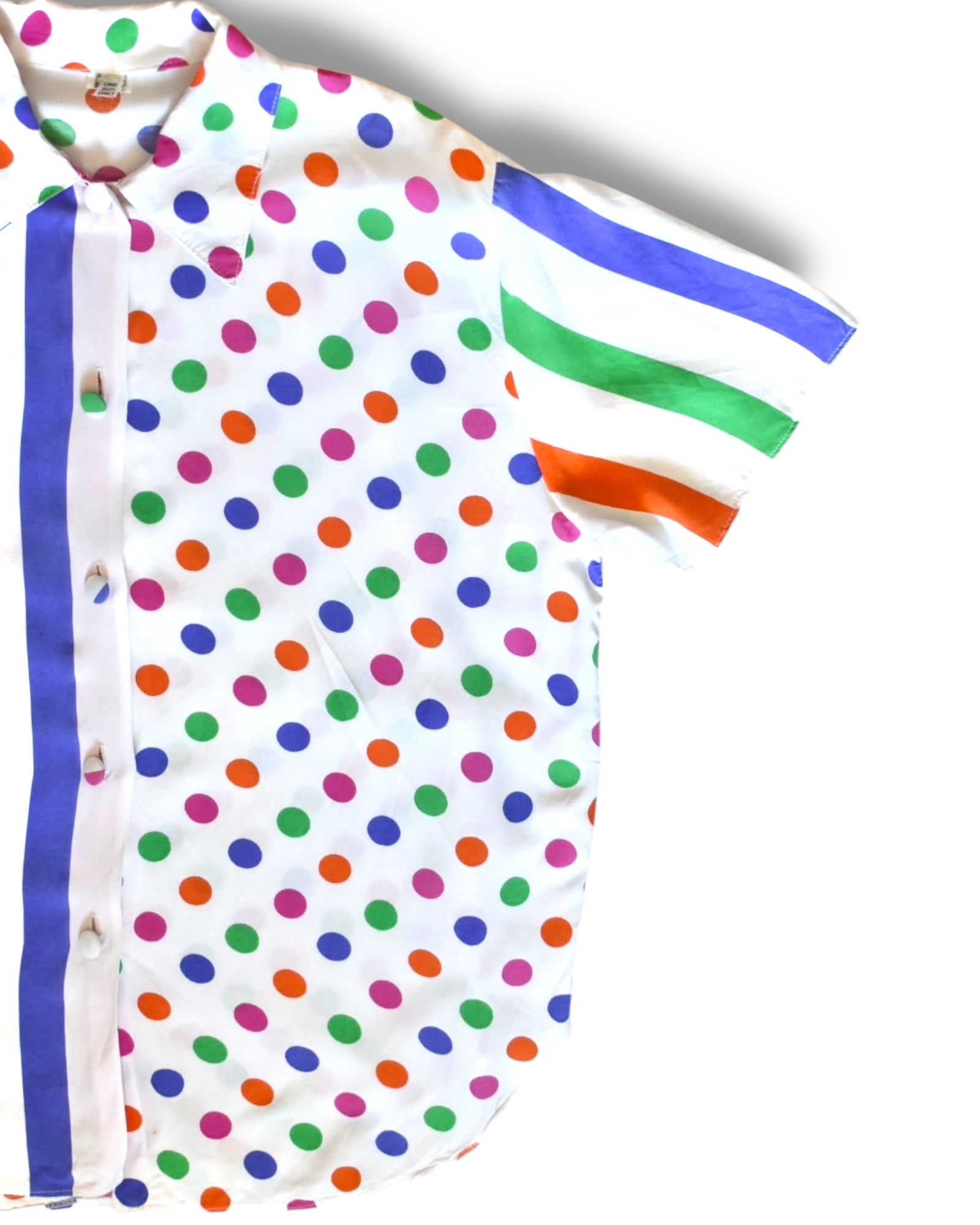 Short-Sleeve Button-Up Shirt with Colorful Stripes & Polka Dots