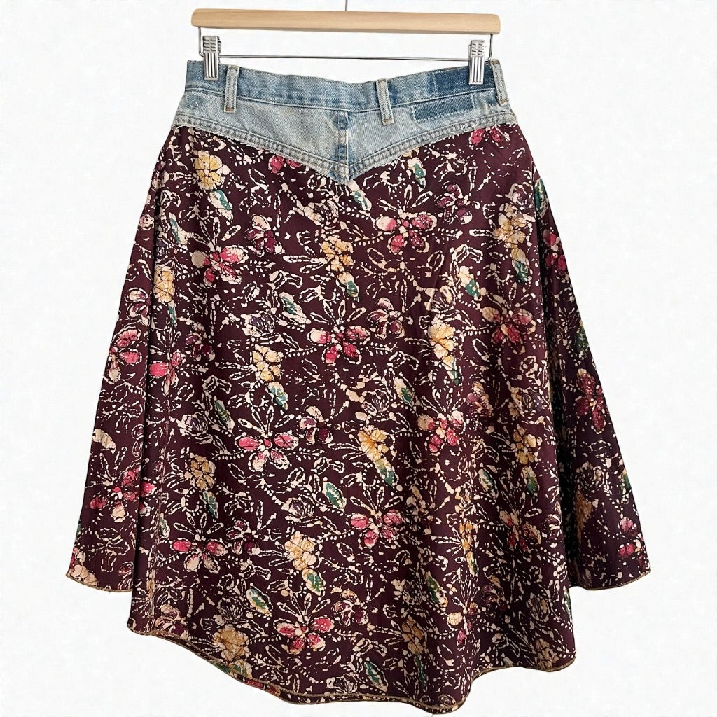 Vintage Y2K Denim & Batik Flare Skirt