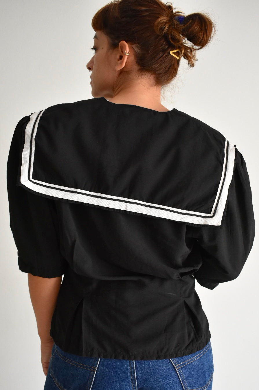 Vintage Black Women’s Blouse with Sailor Collar