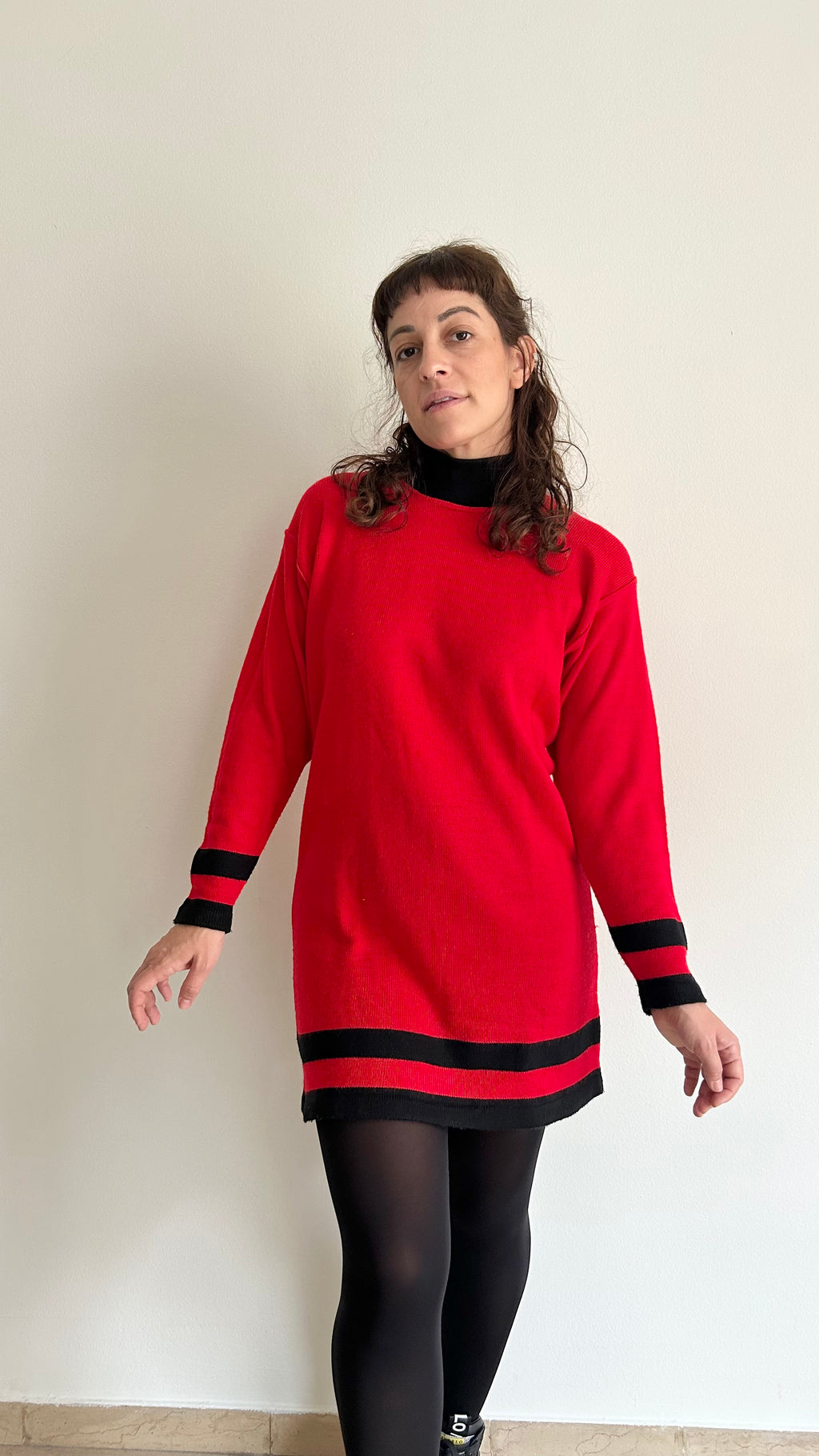 Vintage Red Knit Mini Dress with Black Details