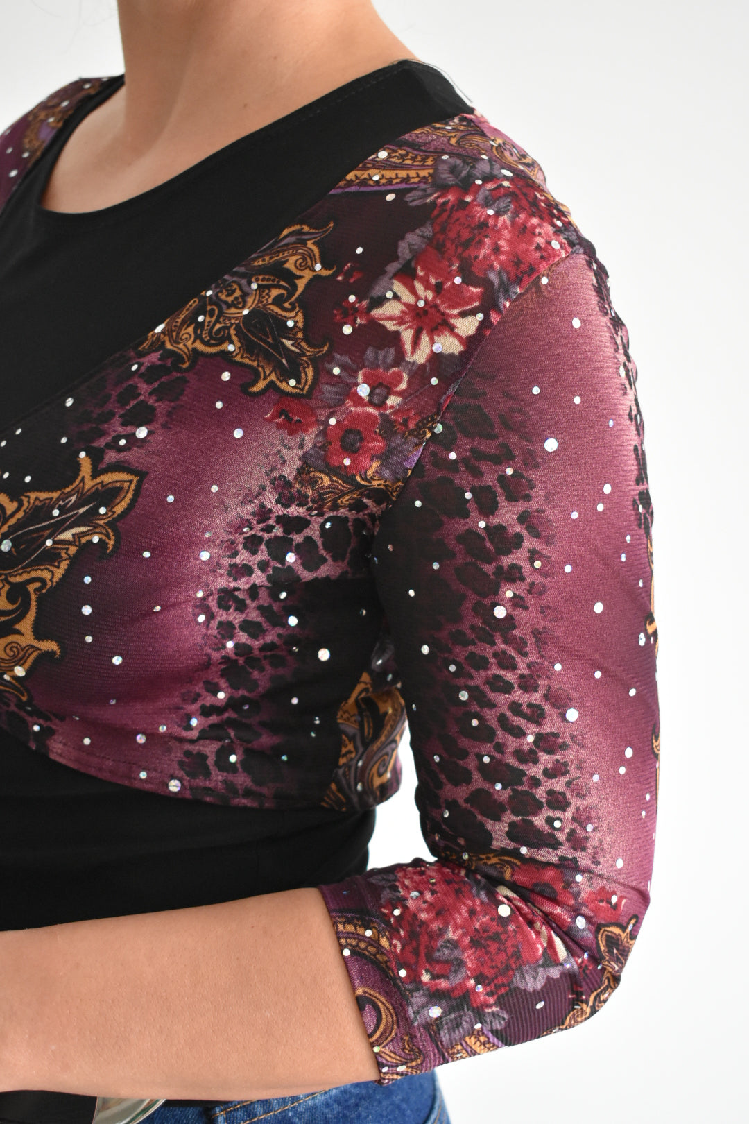 Y2K Black Sleeveless Top with Sheer Printed Bolero