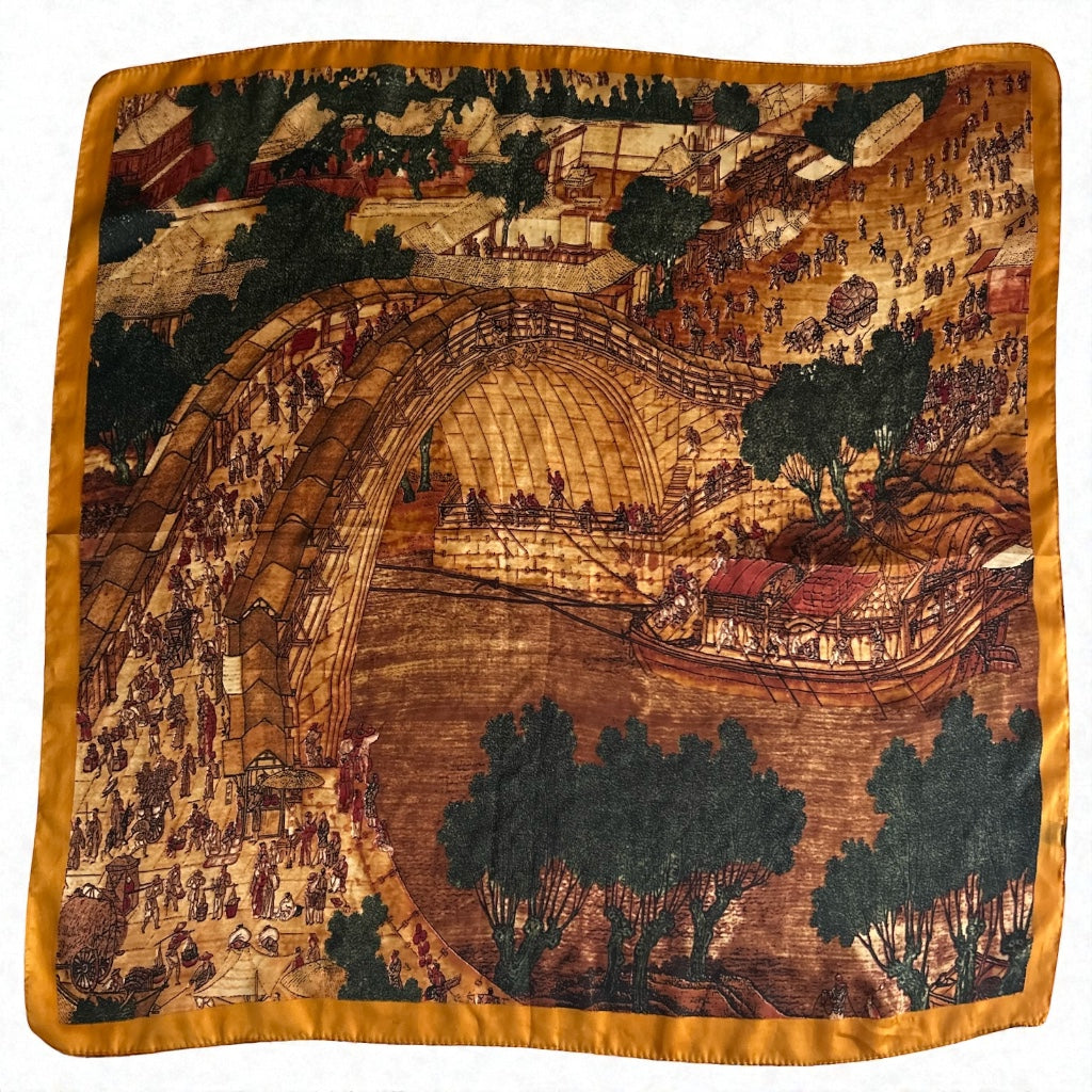 Vintage Silk Scenic Print Scarf