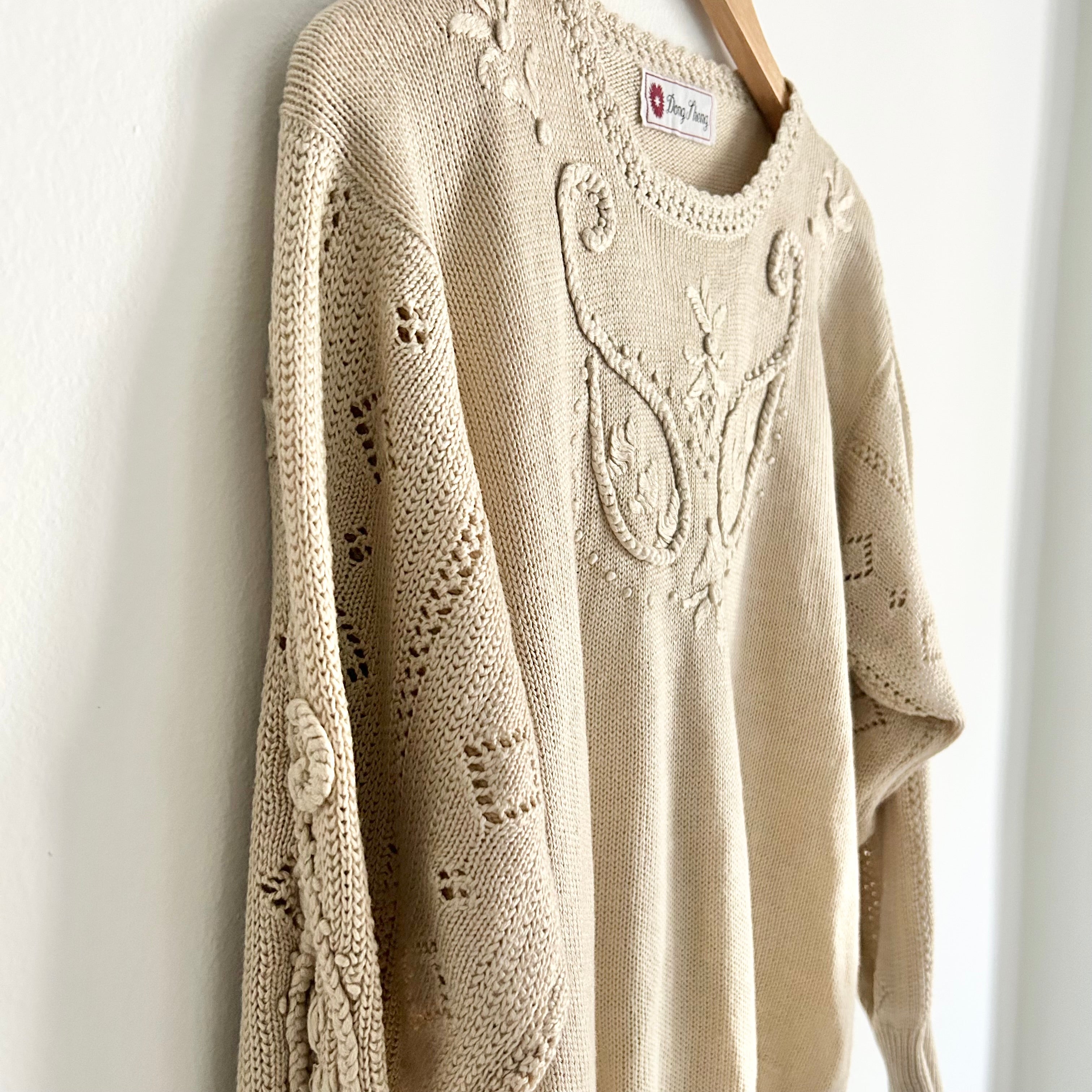 Vintage Warm Beige Crochet Detail Knit