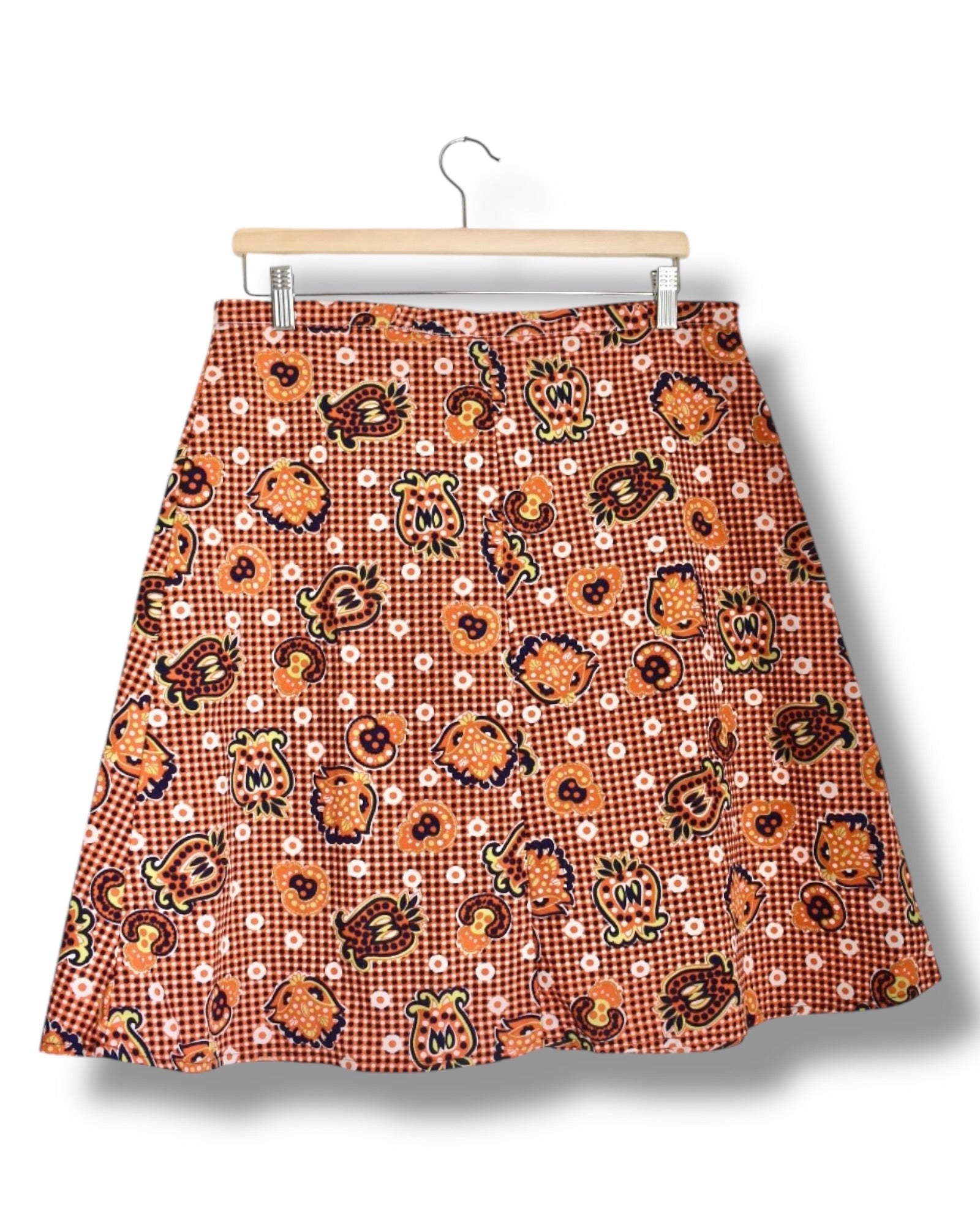 1970s Handmade Vintage Skirt – Printed Brim Cotton with Front Buttons