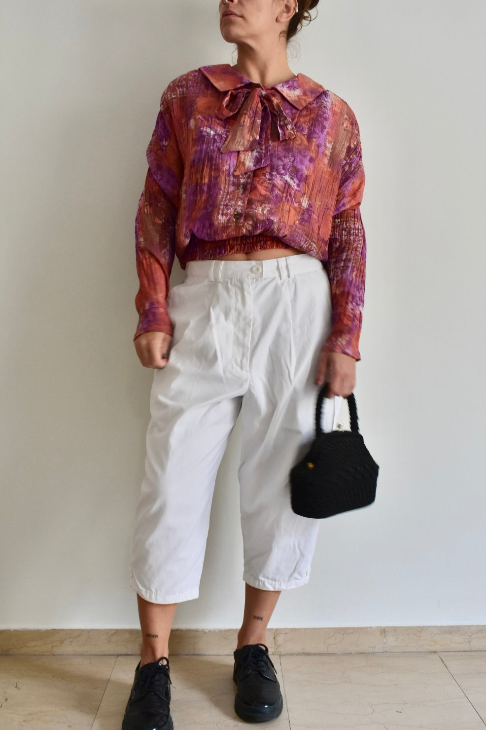 Vintage Women’s Long-Sleeve Blouse in Earthy and Purple Tones