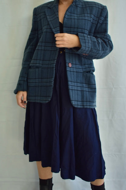 Vintage Dark Blue Plaid Oversized Blazer