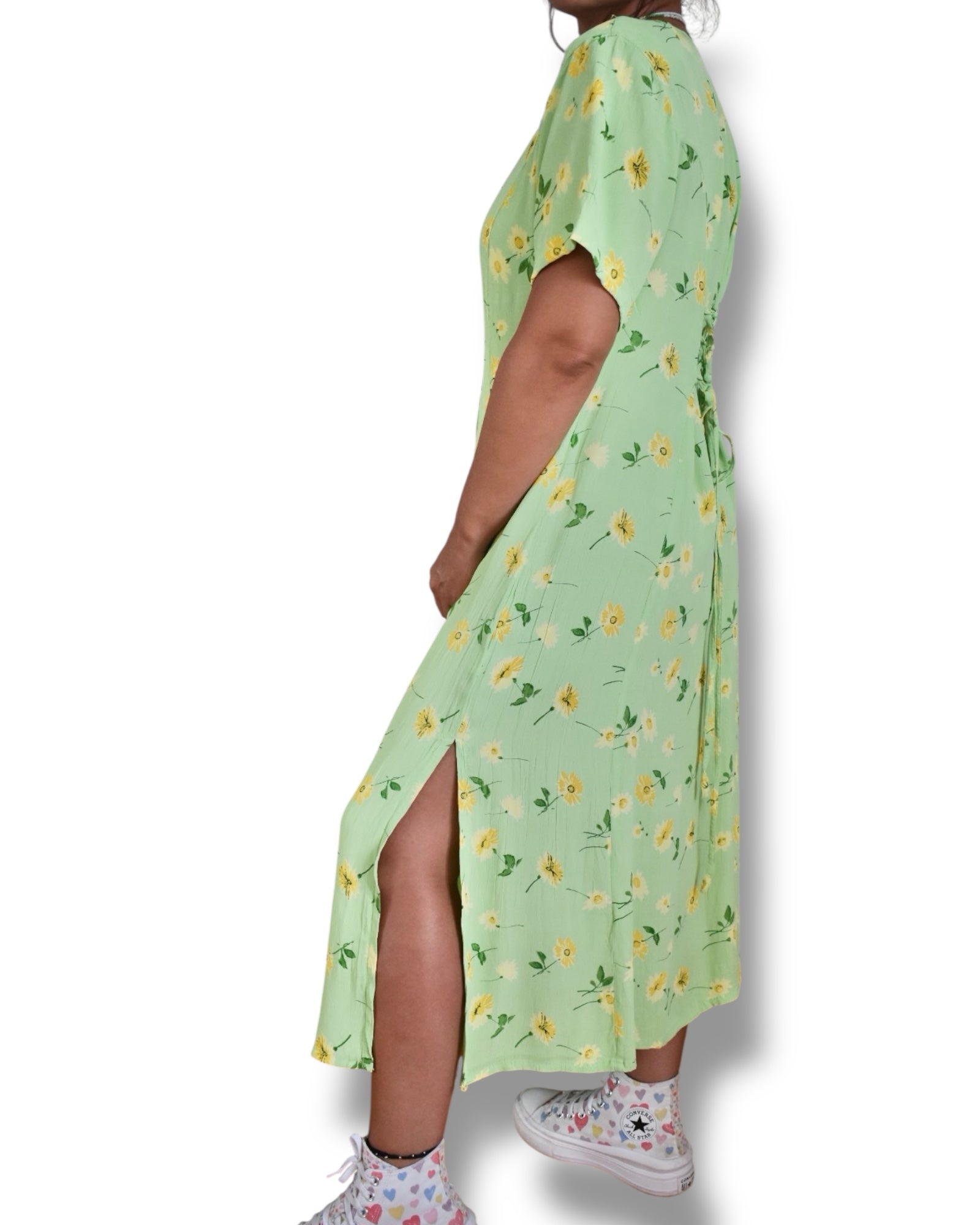 Vintage 80s/90s Green Floral Midi Dress – 100% Viscose