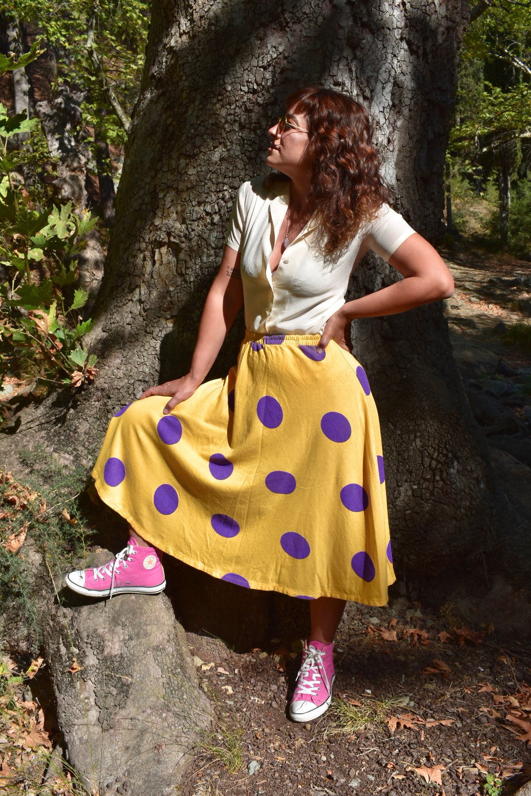 Vintage Yellow Circle Skirt with Purple Polka Dots – 90s