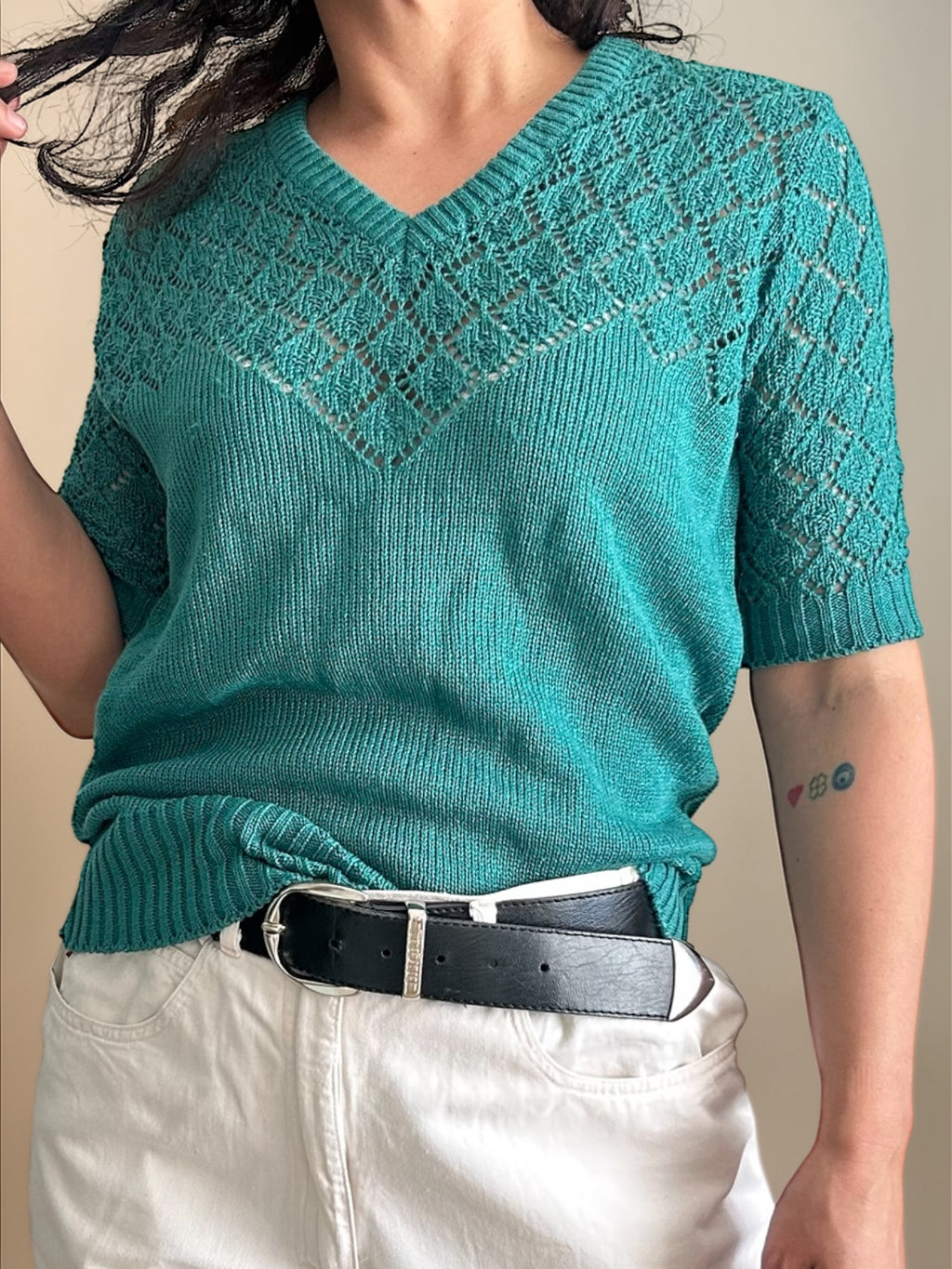 80s Green Pointelle Knit Top • Short Sleeve V-Neck