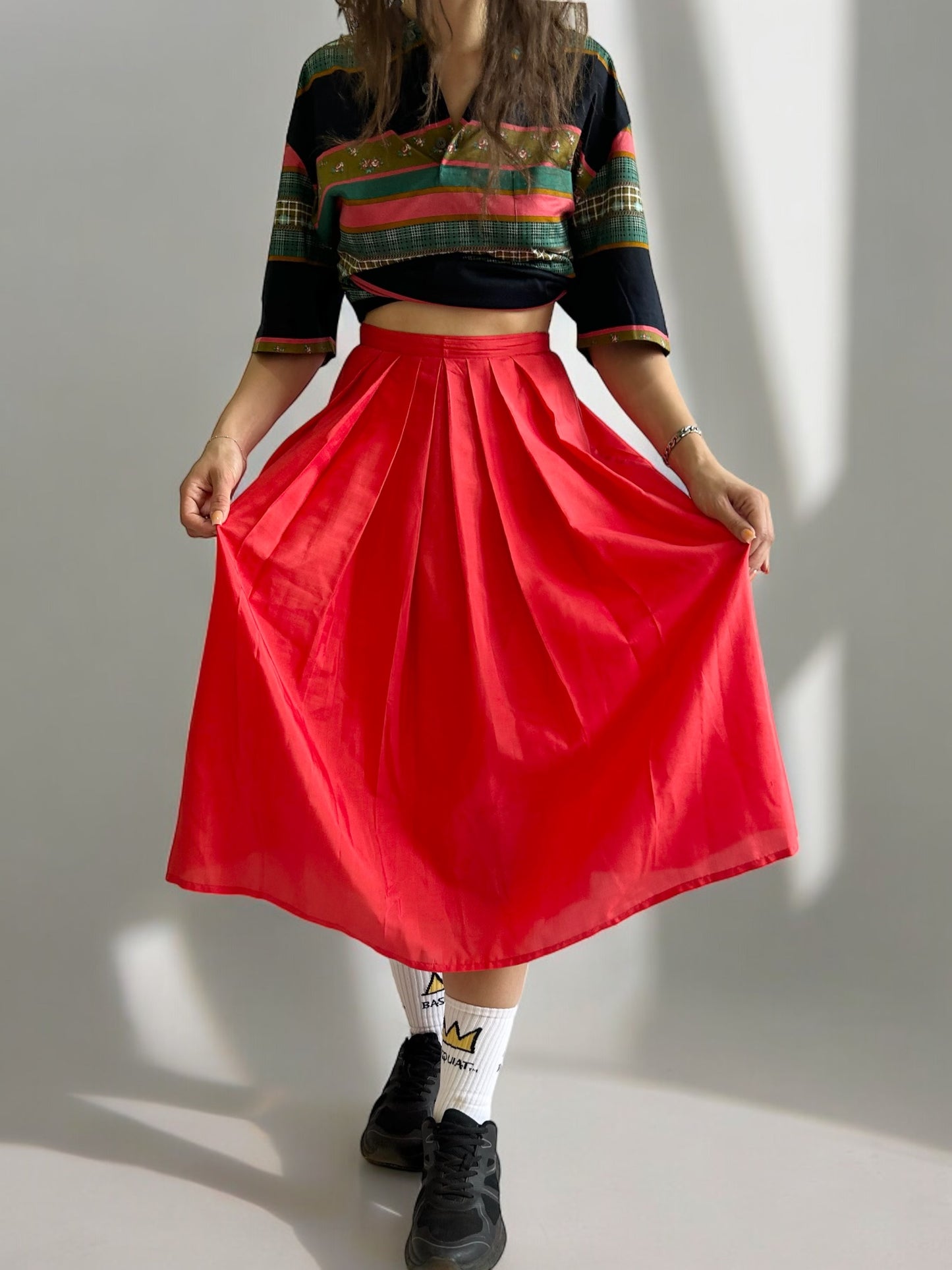 Vintage Pleated Flared Red Midi Skirt