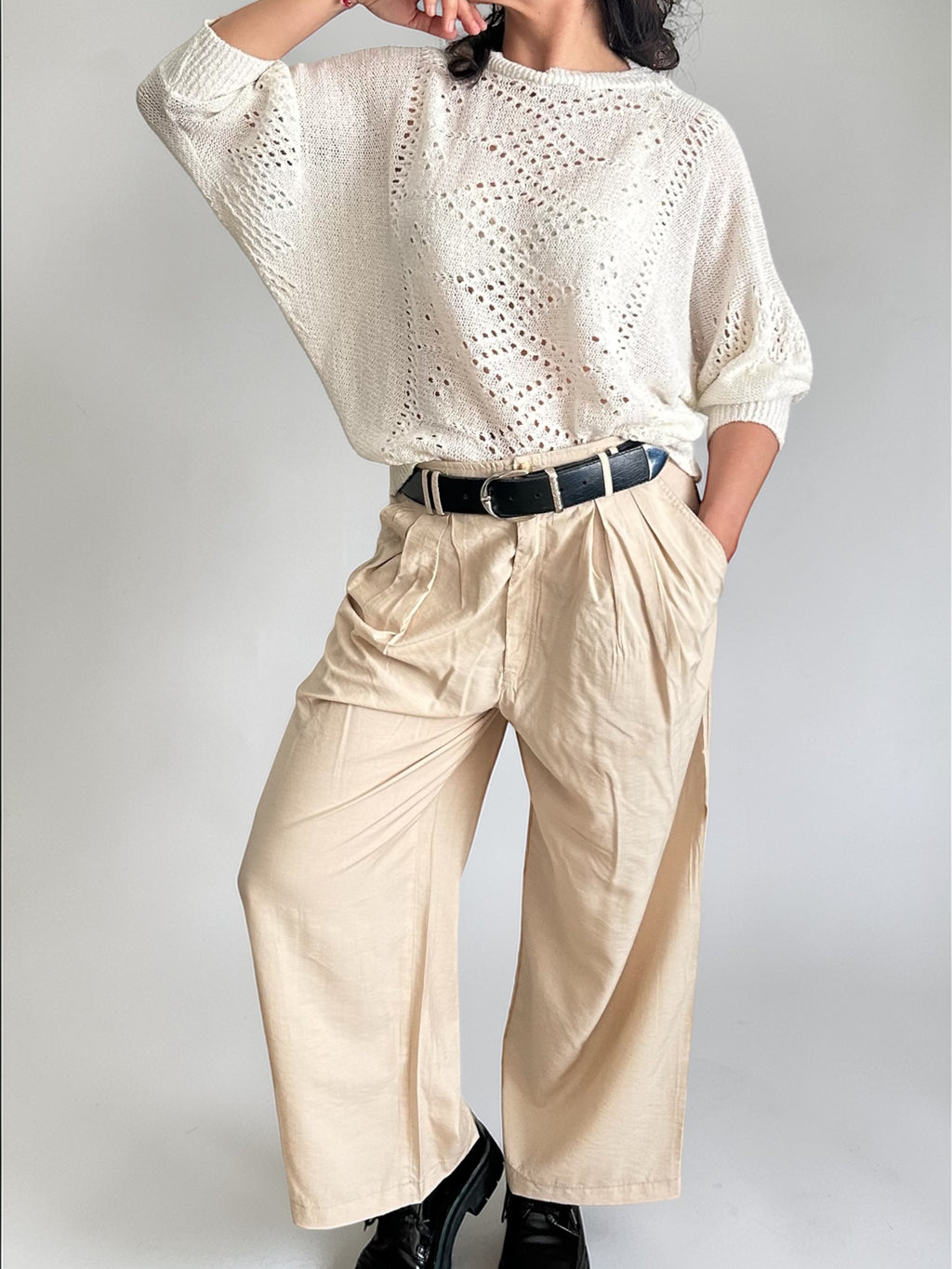 Vintage Batwing Pointelle Knit Sweater