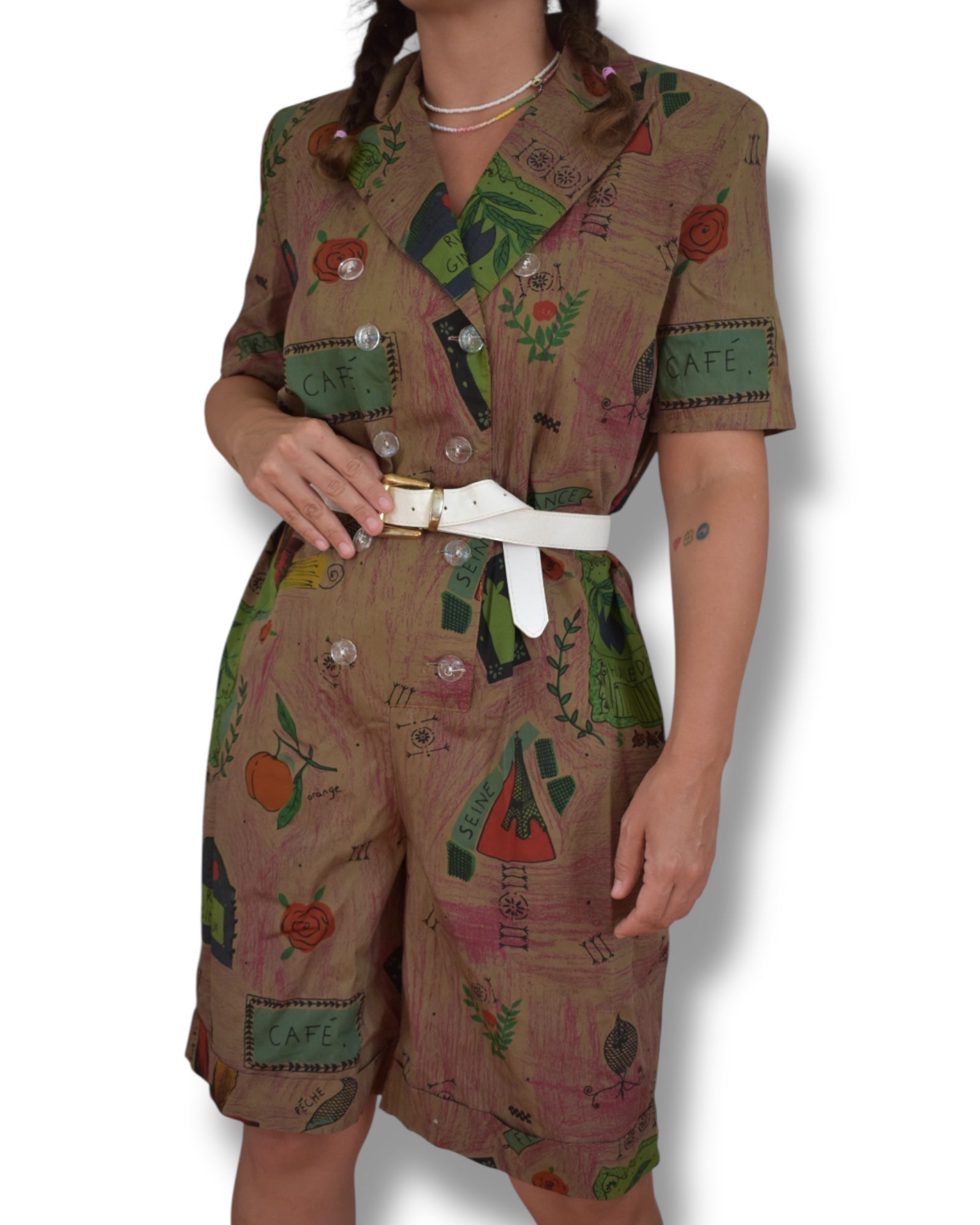 Vintage 80s Printed Jumpsuit – Oversized, Cotton, Shoulder Pads