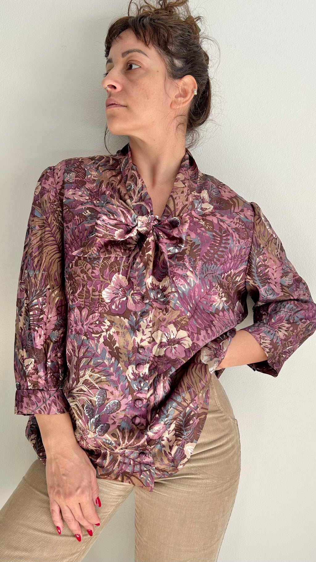 Handmade Long-Sleeve Double-Button Blouse with Neck Tie – Dark Purple Floral