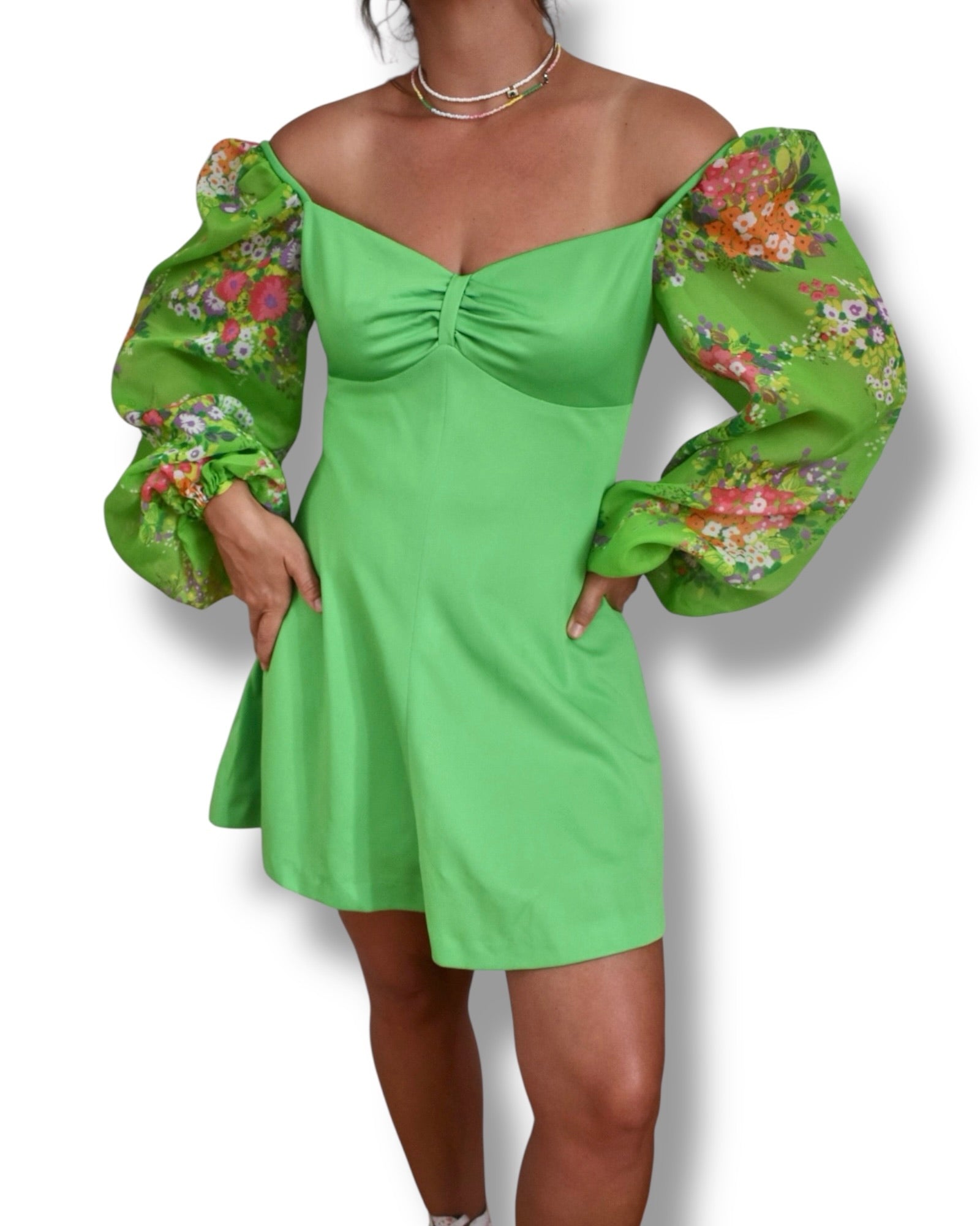 Vintage 1970s Green Mini Dress with Puffy Floral Sleeves