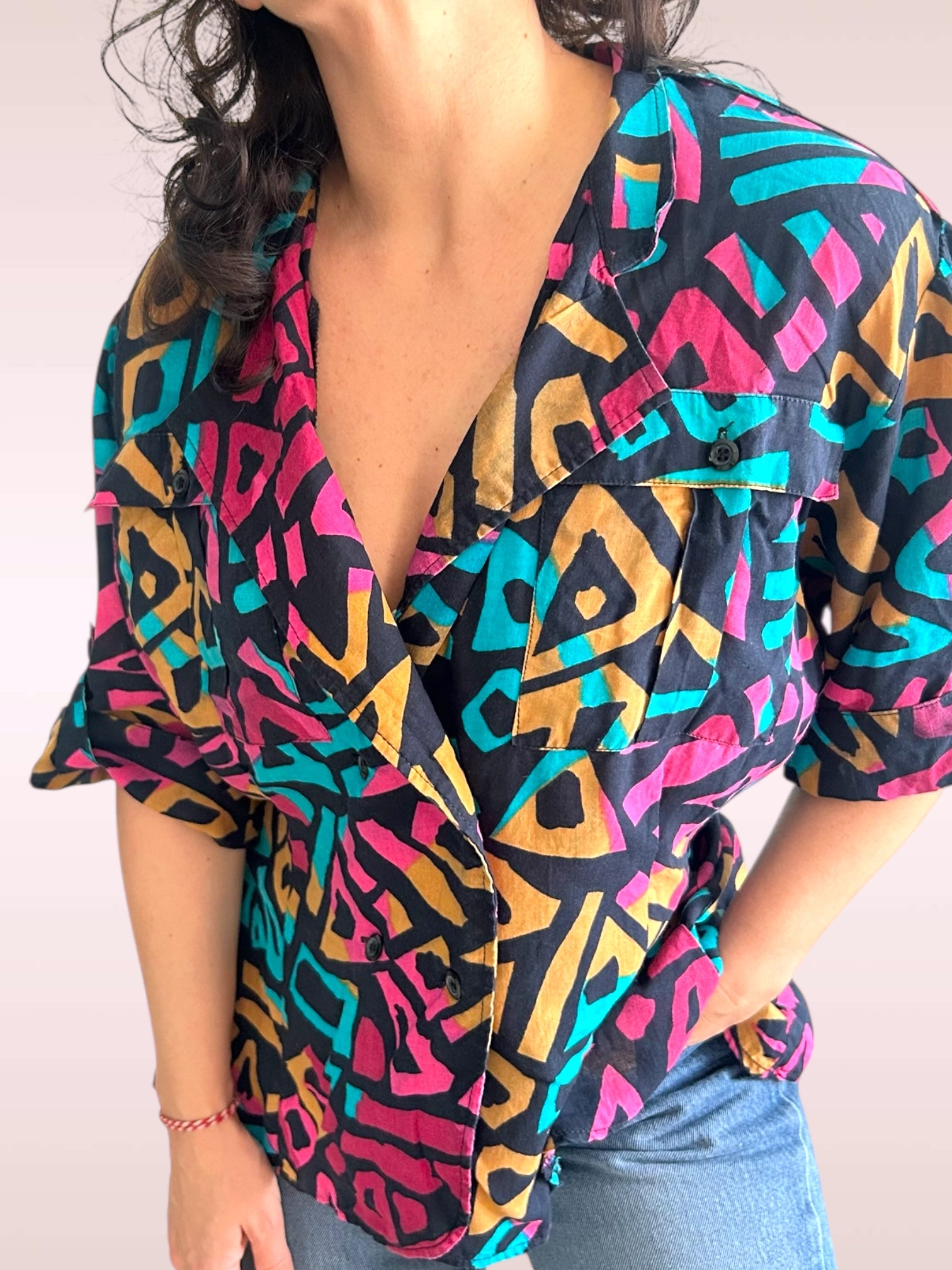 Vintage Geometric Peplum Safari Blouse