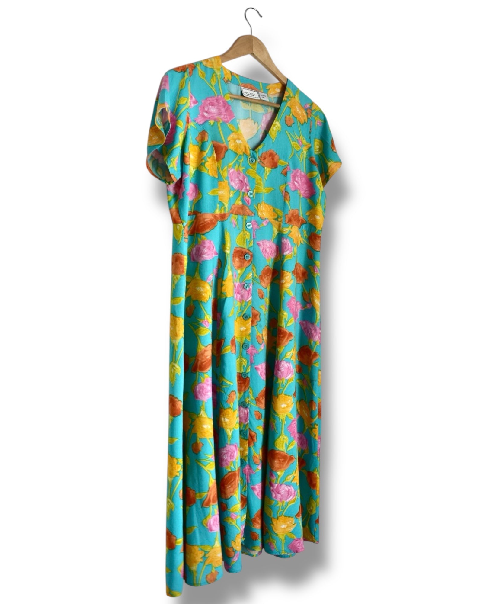Vintage Midi Dress – Turquoise with Floral Print