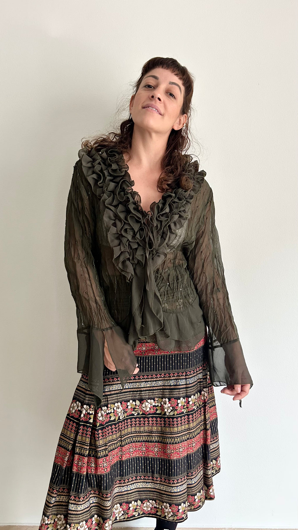 2000s Sheer Fairy-Style Blouse in Dark Green Silk Blend