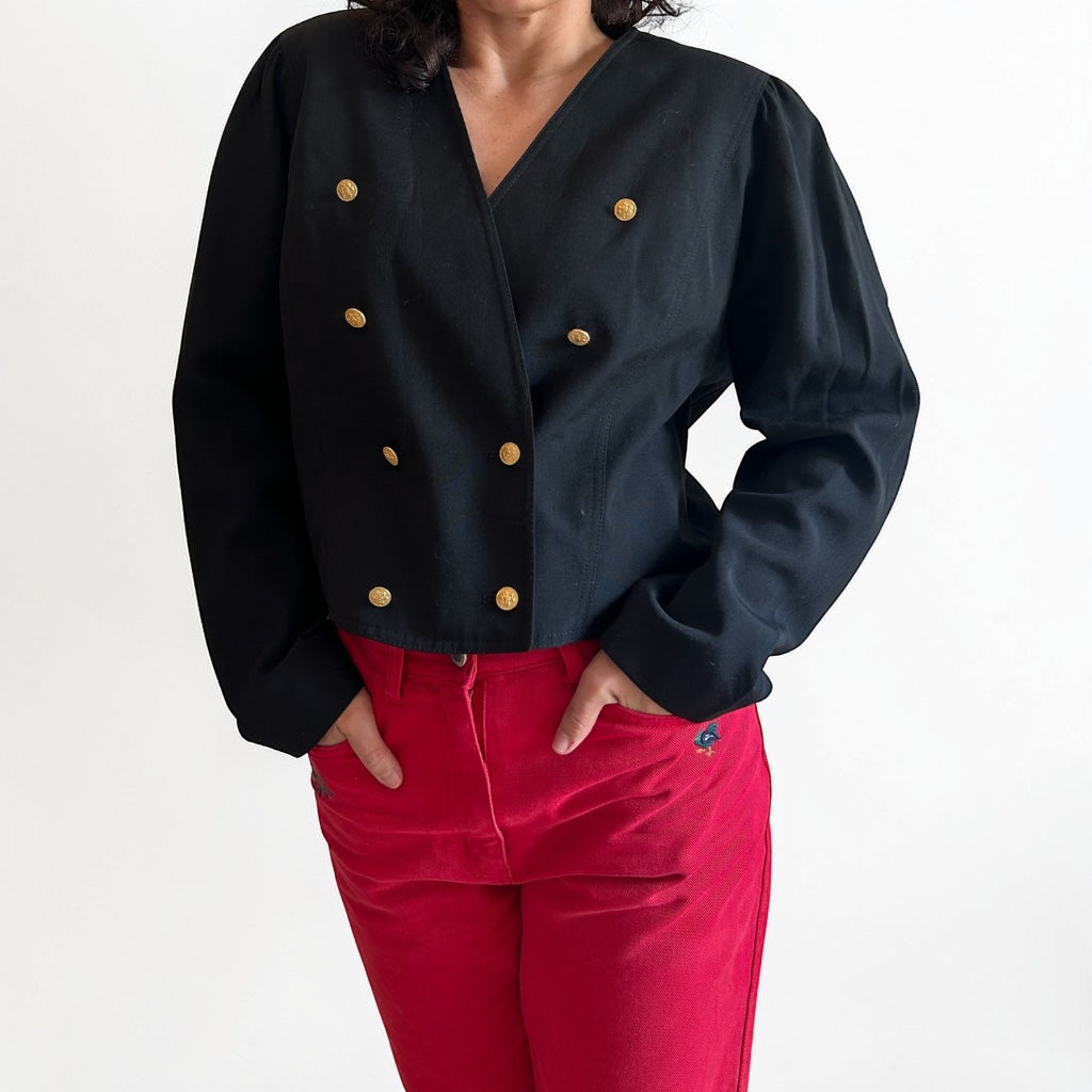 90s Cropped Black Blazer • Double-Breasted Gold Buttons